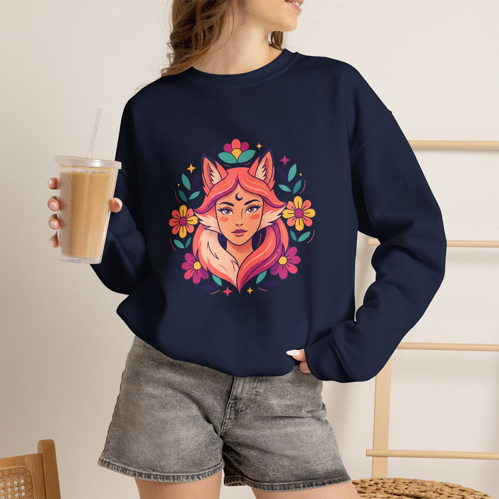 Fox Spirit Crewneck Sweatshirt — Floral Fox Woman Illustration