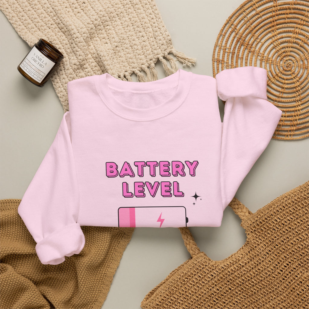 Battery Level Crewneck Sweatshirt — Cute Pink Low Battery Graphic