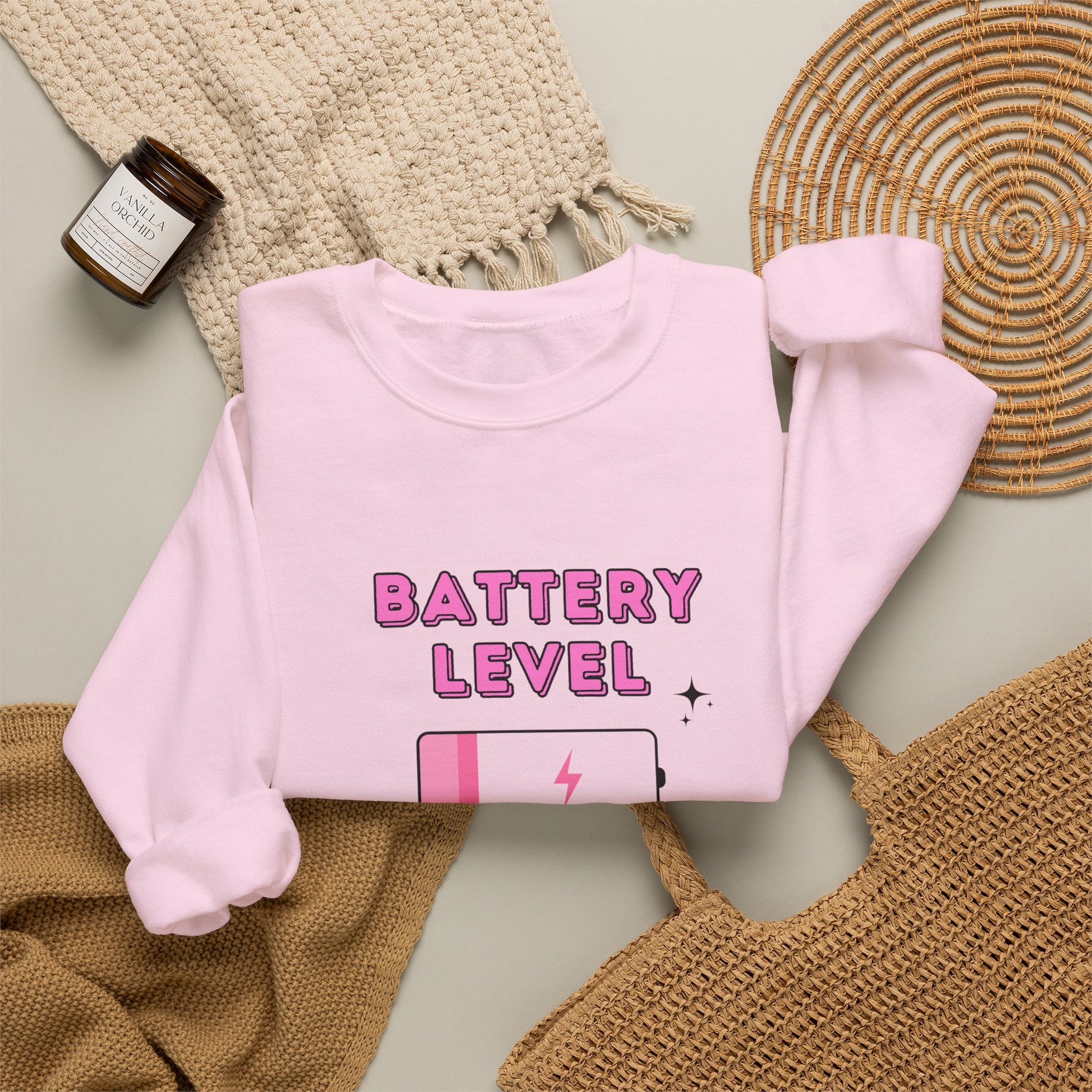 Battery Level Crewneck Sweatshirt — Cute Pink Low Battery Graphic