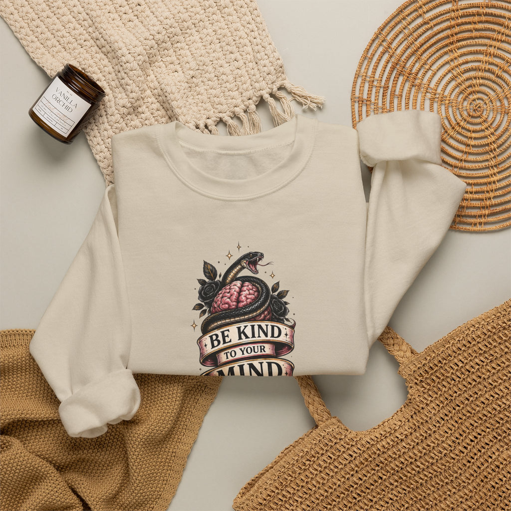 "Be Kind to Your Mind" Floral Tattoo Mental Health Design Crewneck Sweatshirt