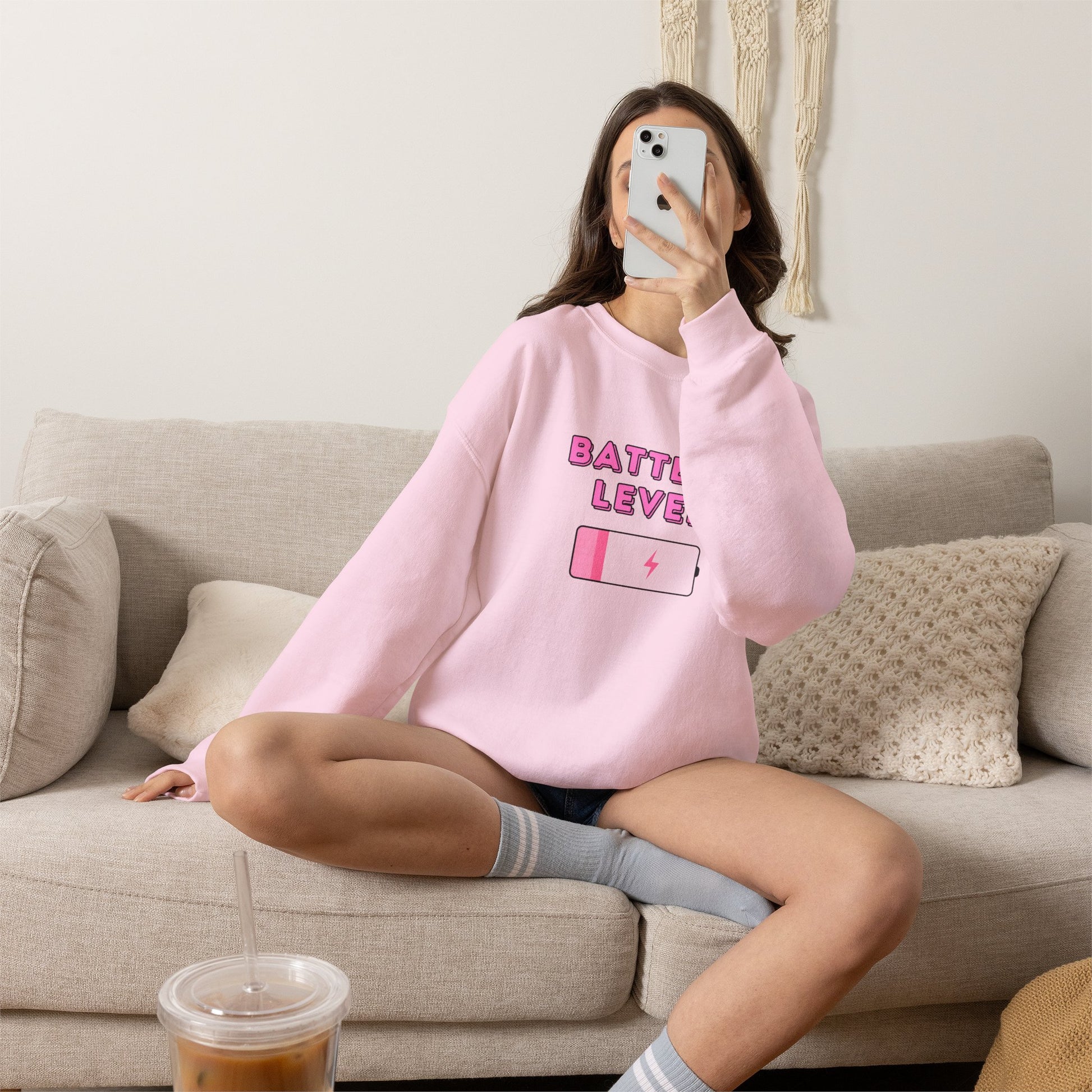 Battery Level Crewneck Sweatshirt — Cute Pink Low Battery Graphic