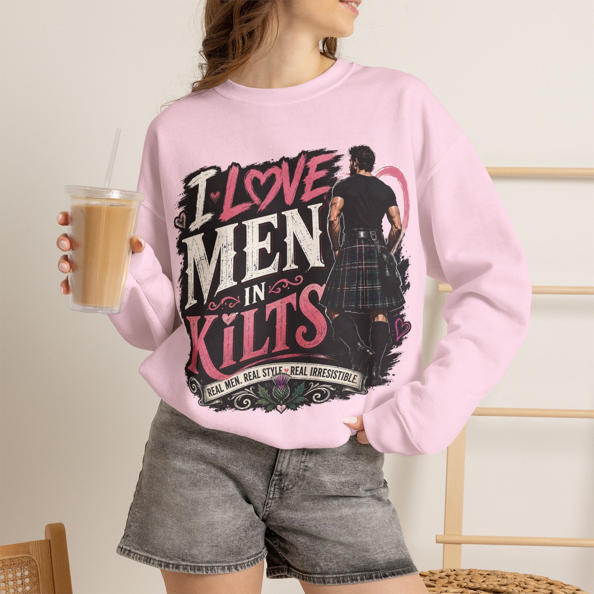 Crewneck Sweatshirt - "I Love Men in Kilts" Scottish Highland Kilt Lover Sweater