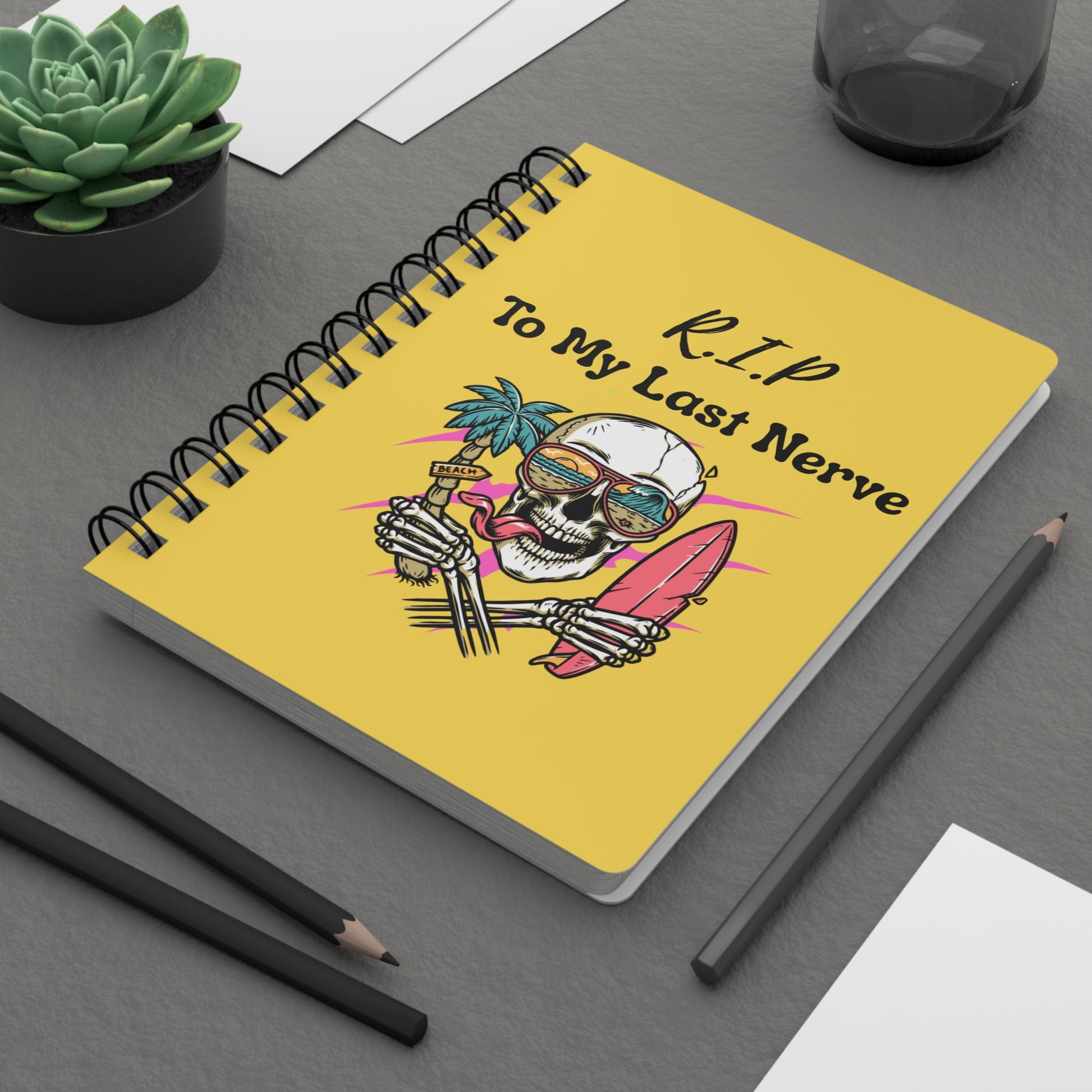 Spiral Journal — "R.I.P. To My Last Nerve" Skull Surf Notebook