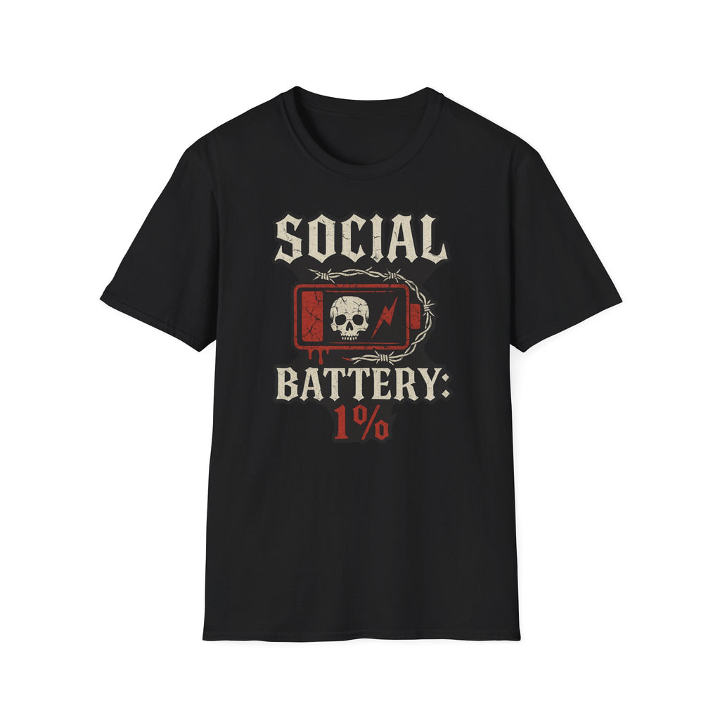 Social Battery Unisex T‑Shirt — Skull Low Battery Graphic Tee