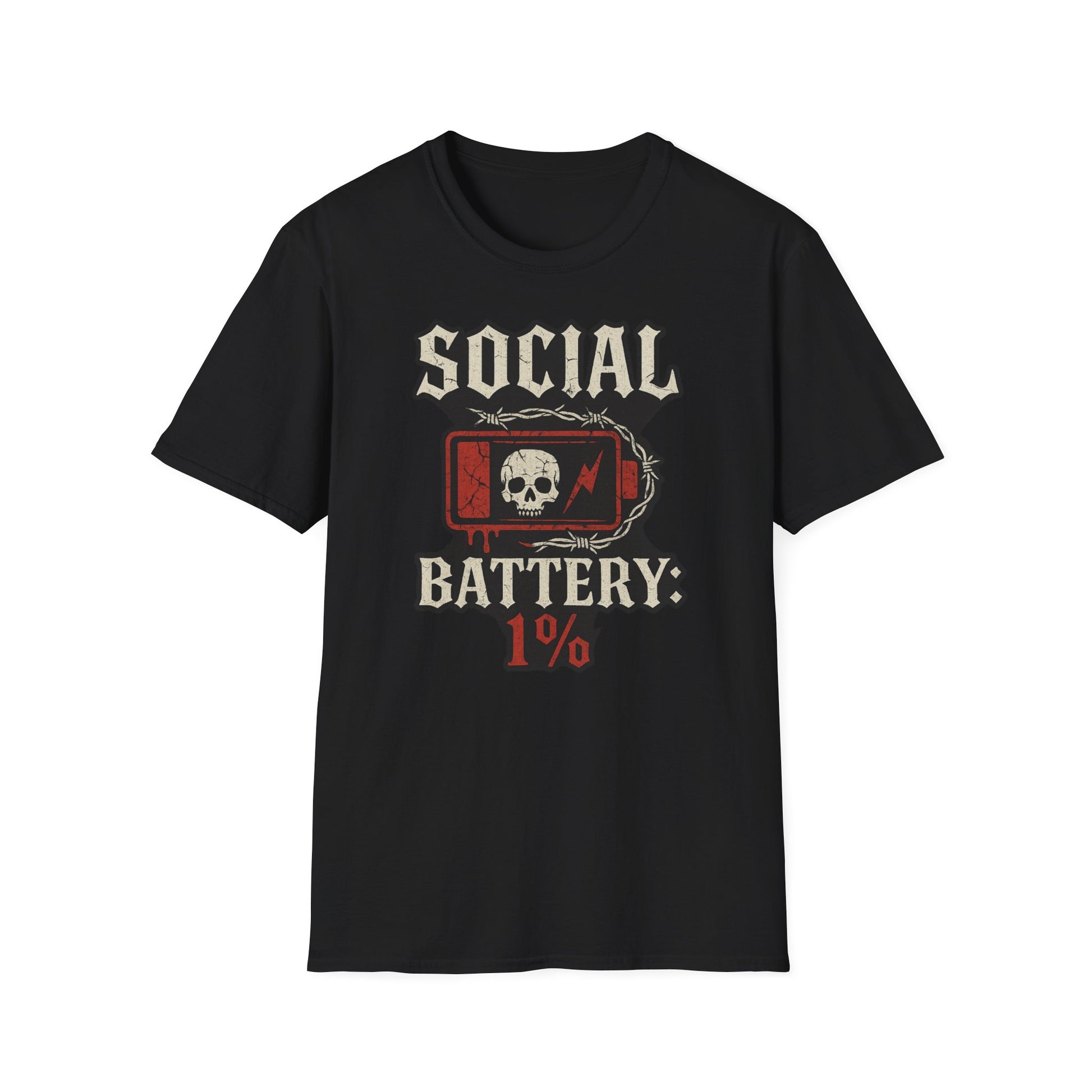 Social Battery Unisex T‑Shirt — Skull Low Battery Graphic Tee