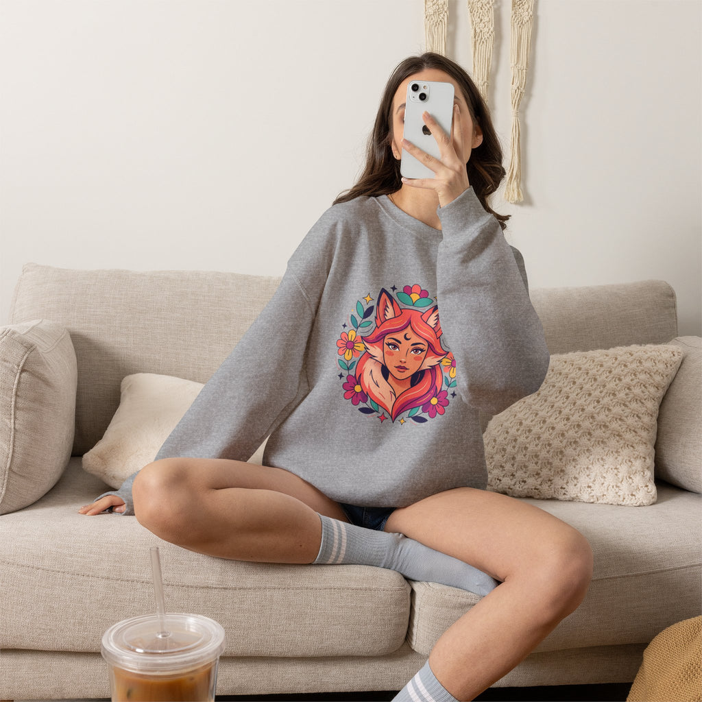 Fox Spirit Crewneck Sweatshirt — Floral Fox Woman Illustration