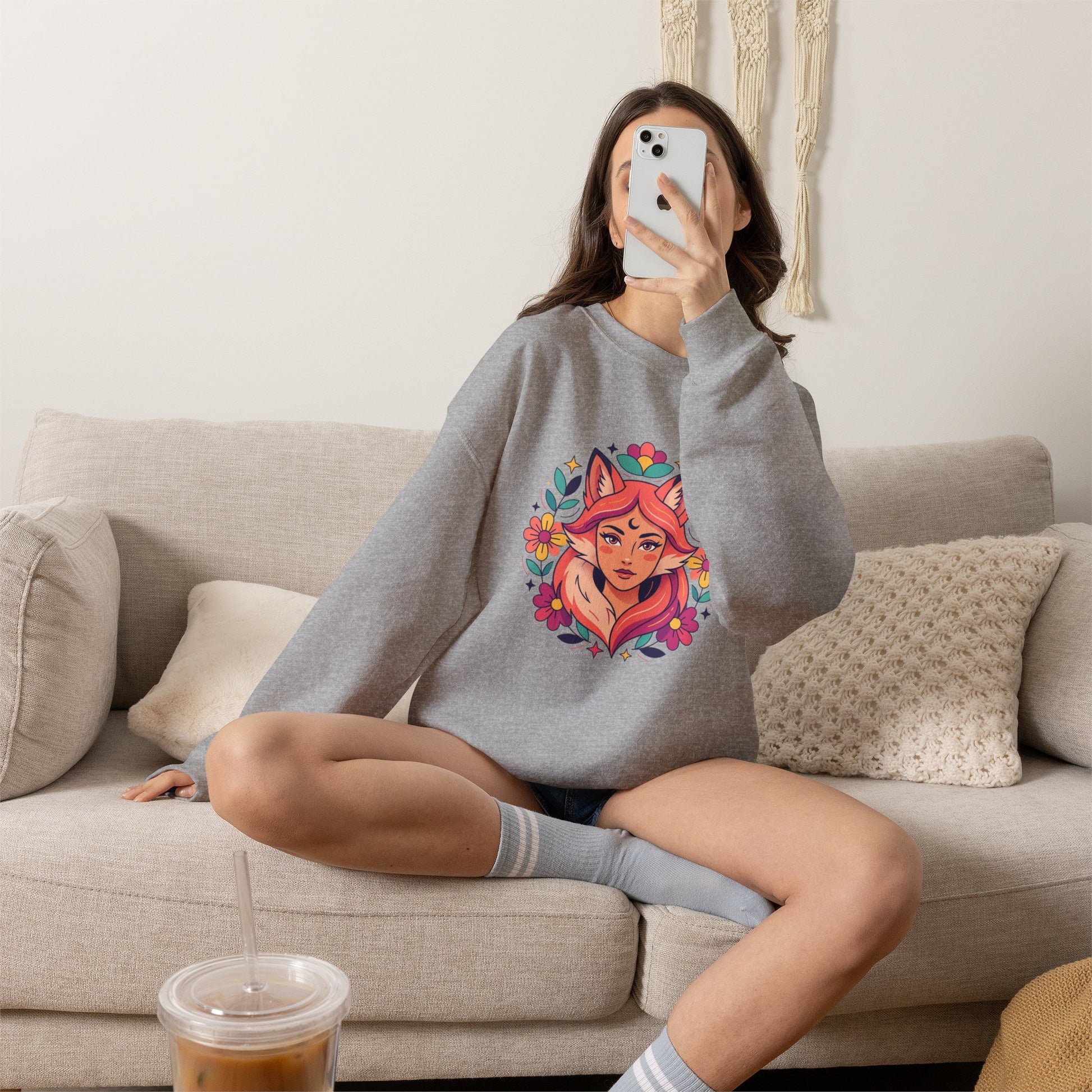 Fox Spirit Crewneck Sweatshirt — Floral Fox Woman Illustration
