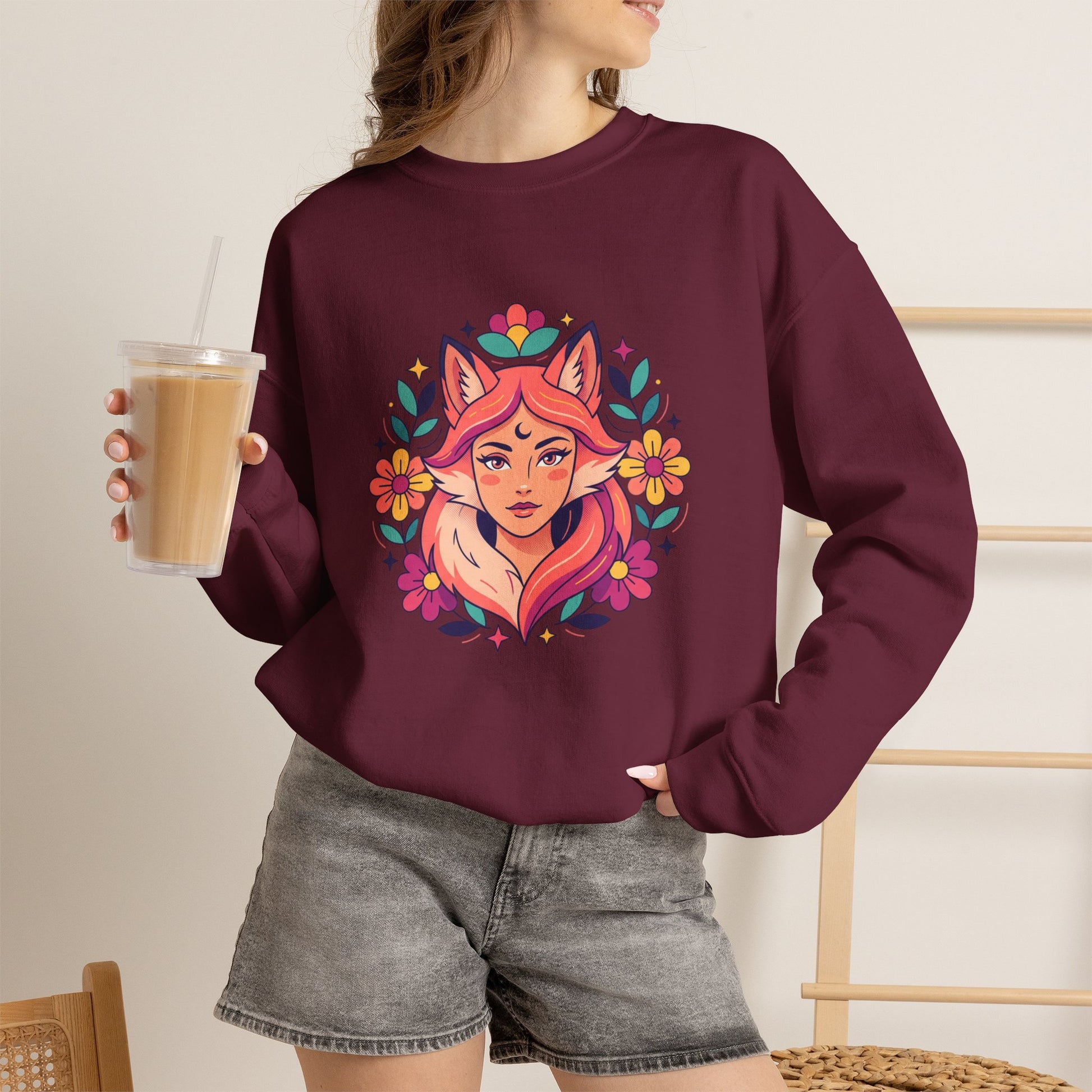 Fox Spirit Crewneck Sweatshirt — Floral Fox Woman Illustration