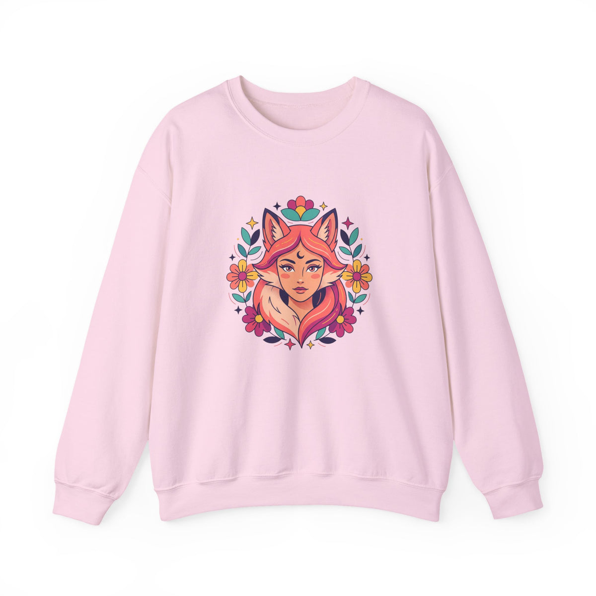 Fox Spirit Crewneck Sweatshirt — Floral Fox Woman Illustration