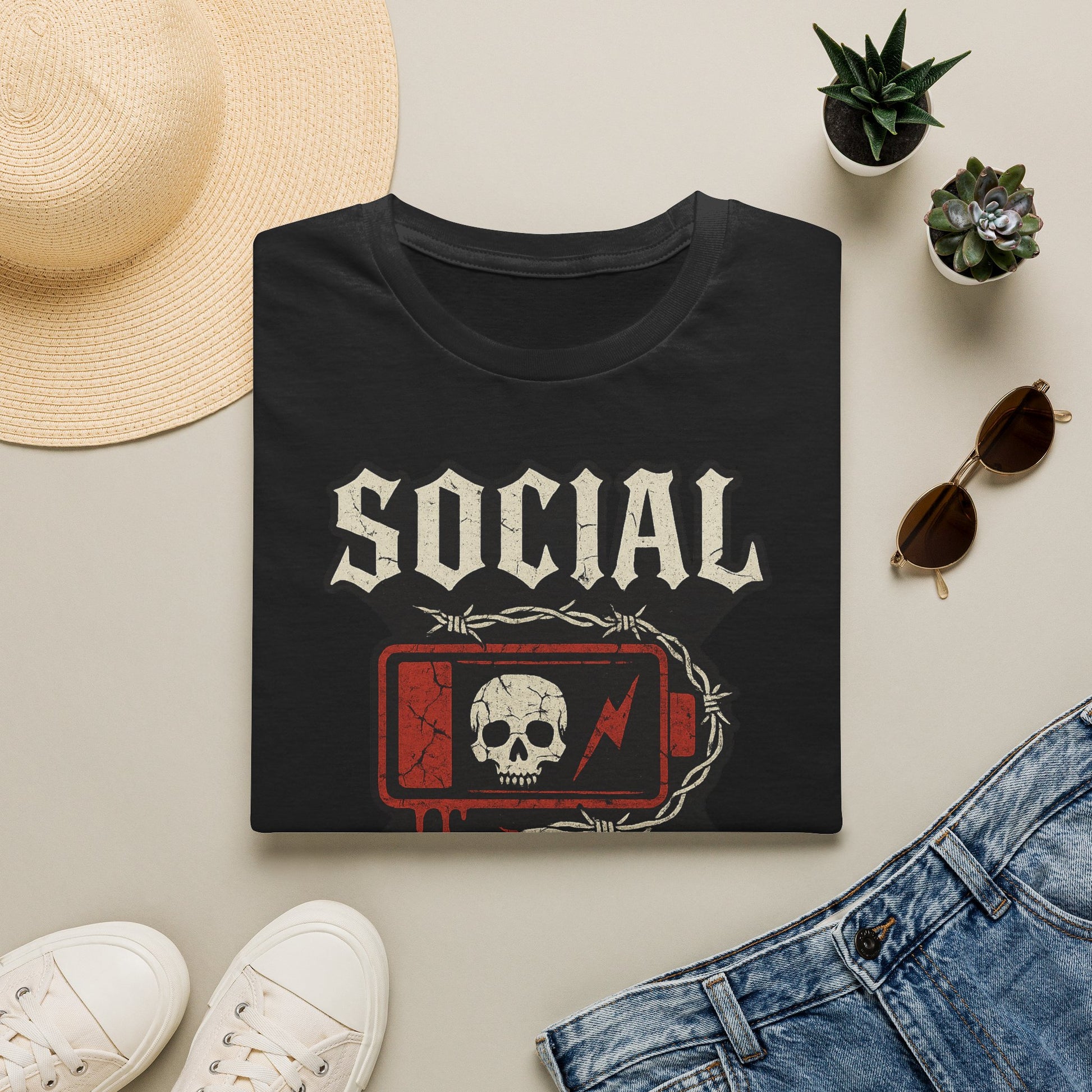 Social Battery Unisex T‑Shirt — Skull Low Battery Graphic Tee
