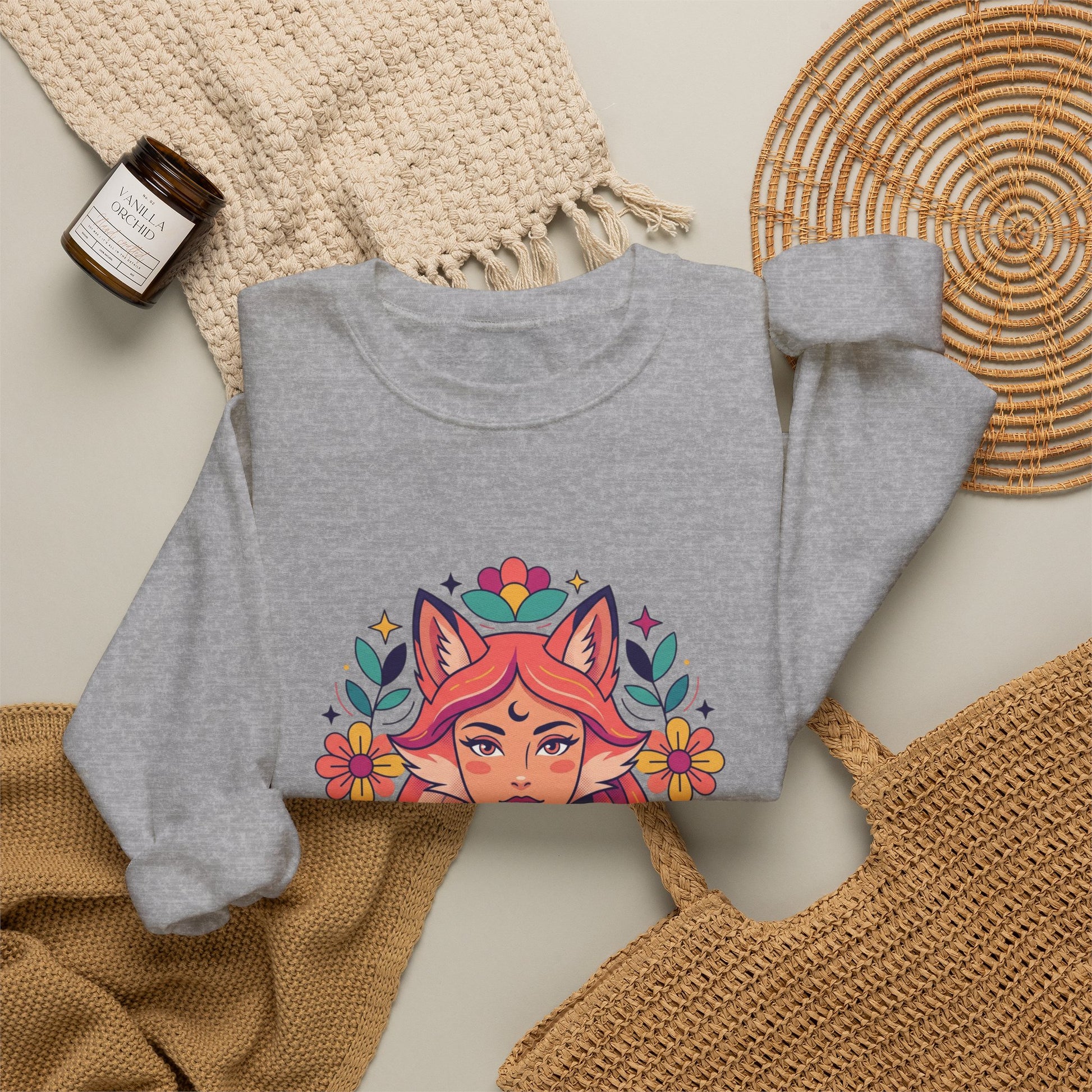 Fox Spirit Crewneck Sweatshirt — Floral Fox Woman Illustration