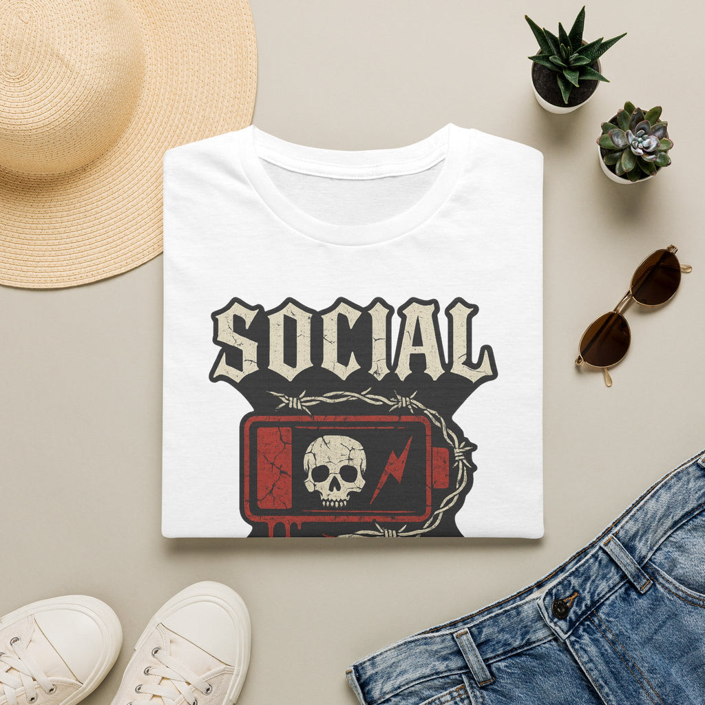 Social Battery Unisex T‑Shirt — Skull Low Battery Graphic Tee