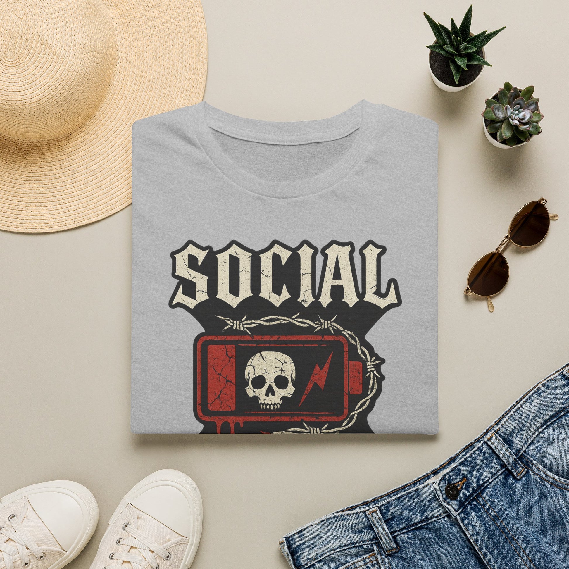 Social Battery Unisex T‑Shirt — Skull Low Battery Graphic Tee