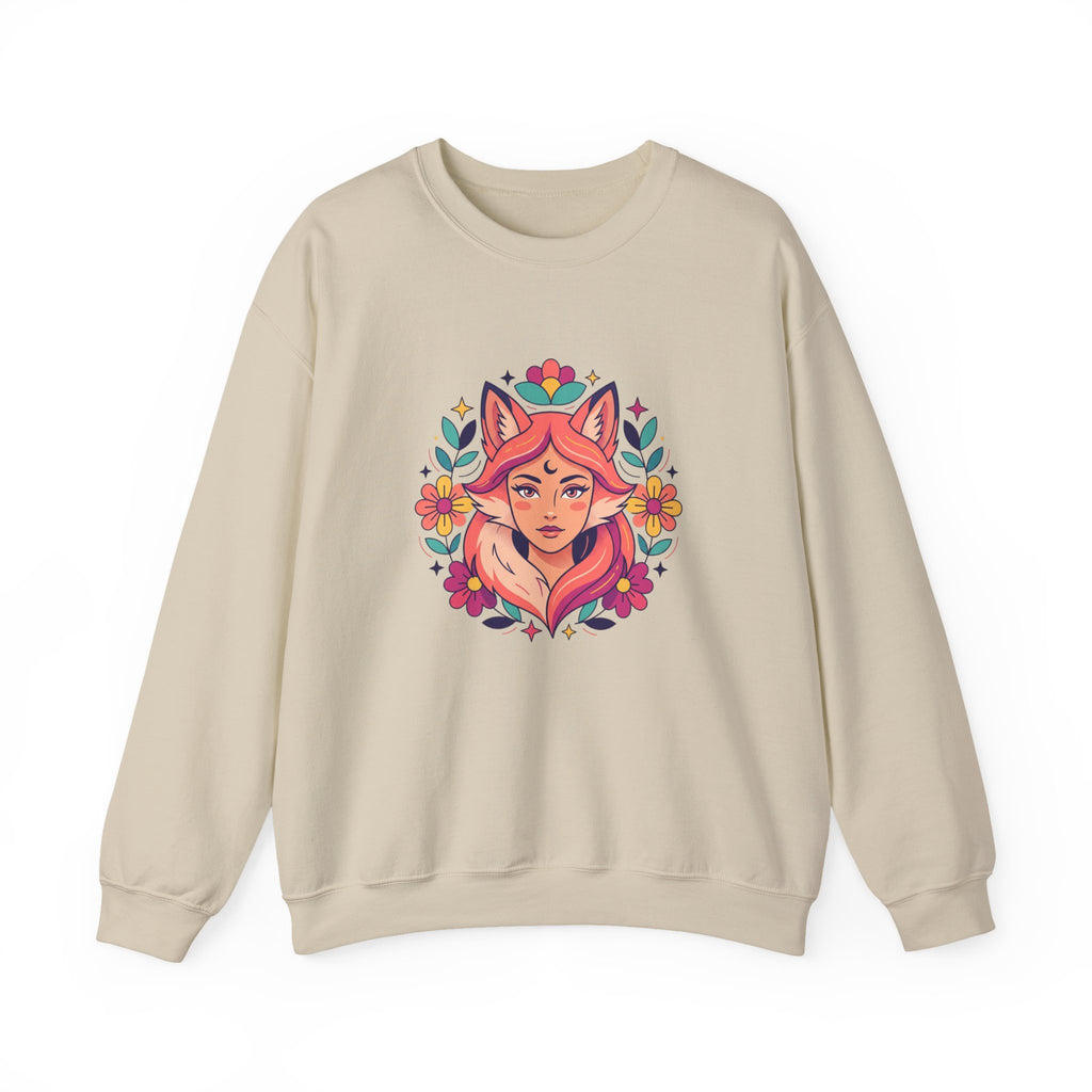 Fox Spirit Crewneck Sweatshirt — Floral Fox Woman Illustration