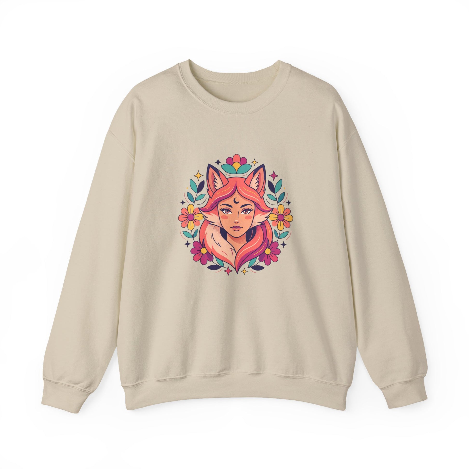 Fox Spirit Crewneck Sweatshirt — Floral Fox Woman Illustration