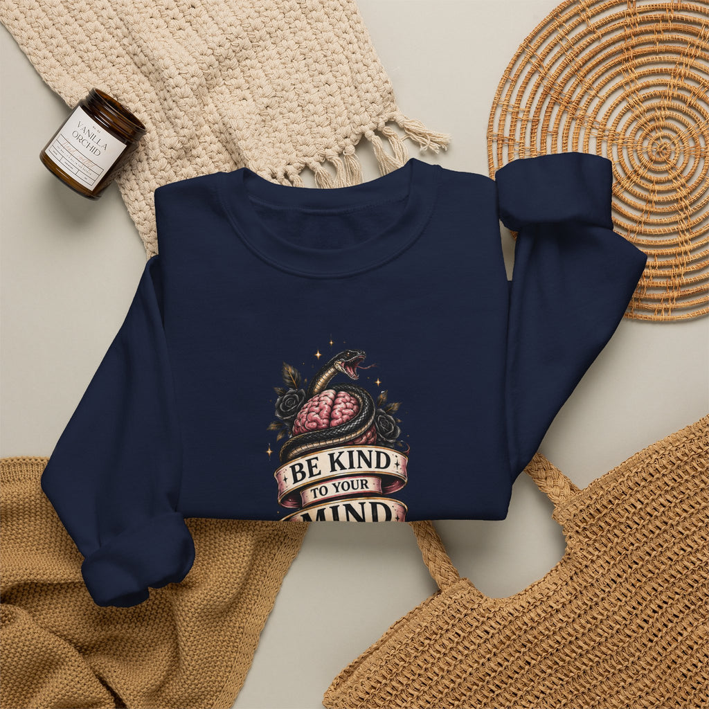 "Be Kind to Your Mind" Floral Tattoo Mental Health Design Crewneck Sweatshirt