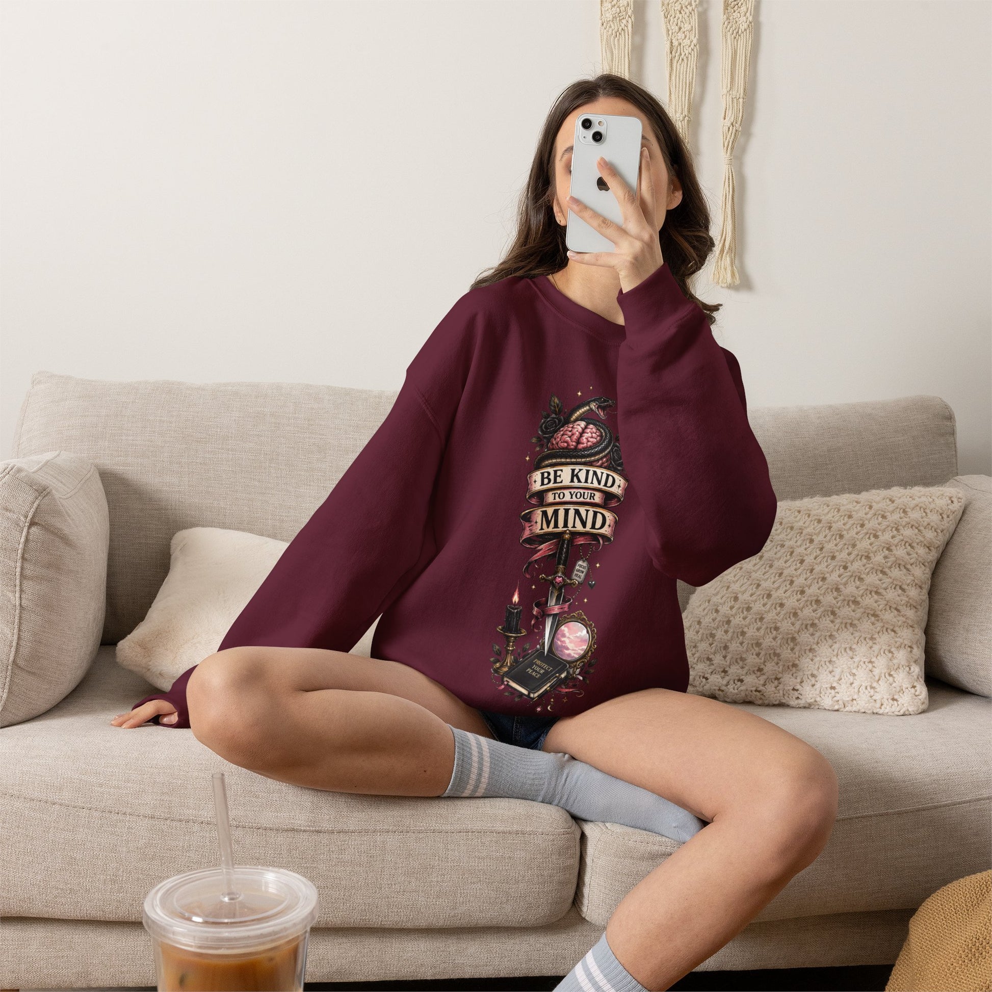 "Be Kind to Your Mind" Floral Tattoo Mental Health Design Crewneck Sweatshirt