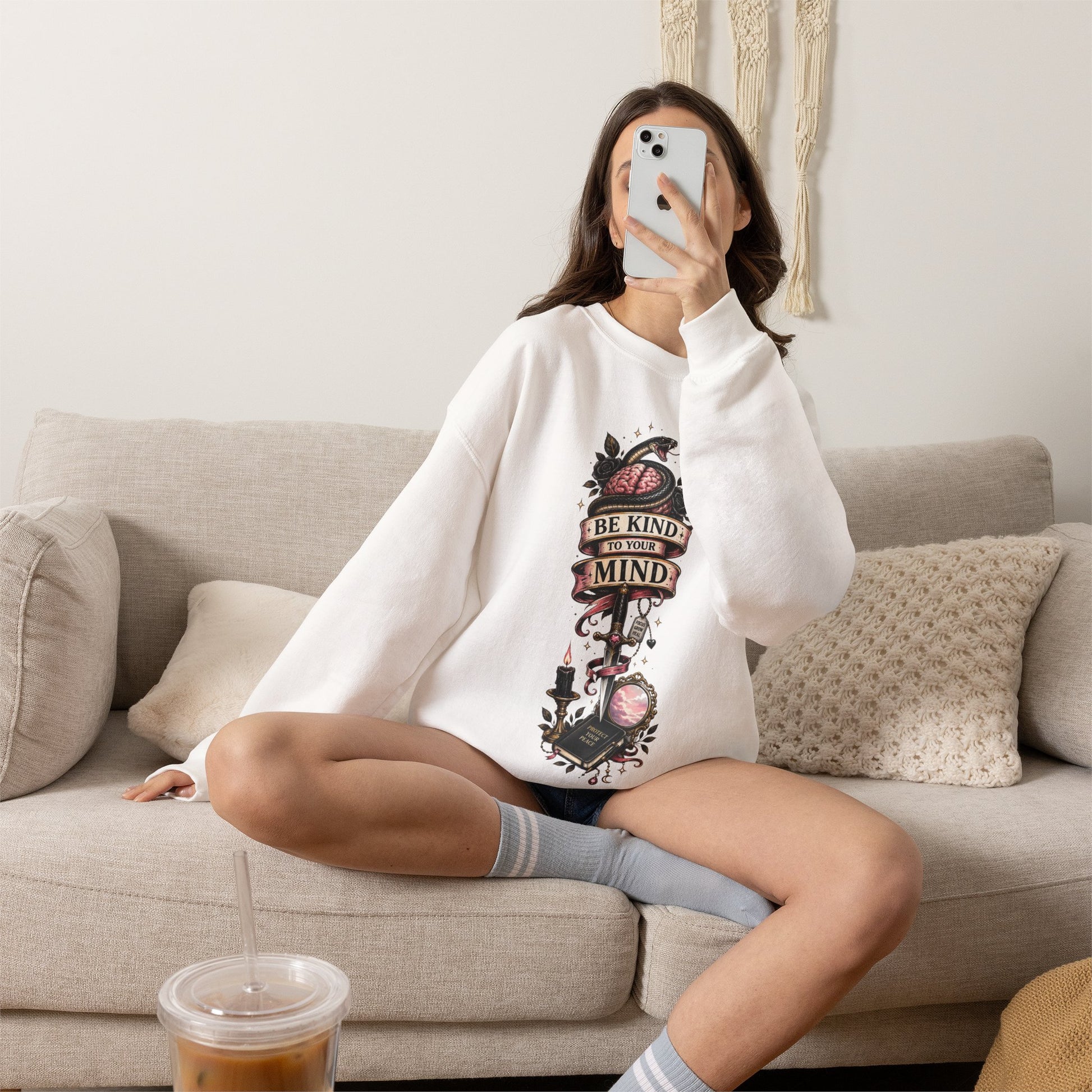 "Be Kind to Your Mind" Floral Tattoo Mental Health Design Crewneck Sweatshirt