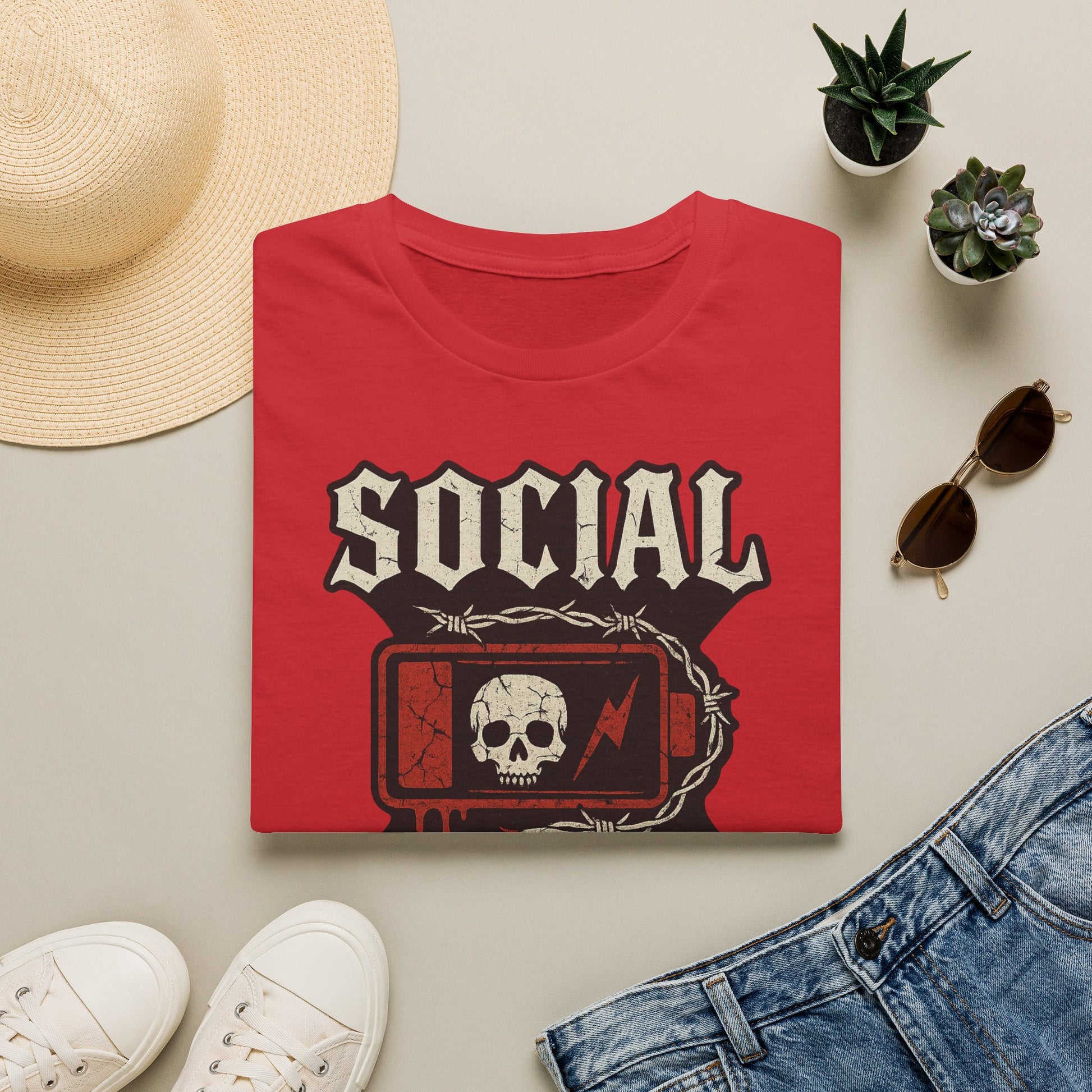 Social Battery Unisex T‑Shirt — Skull Low Battery Graphic Tee