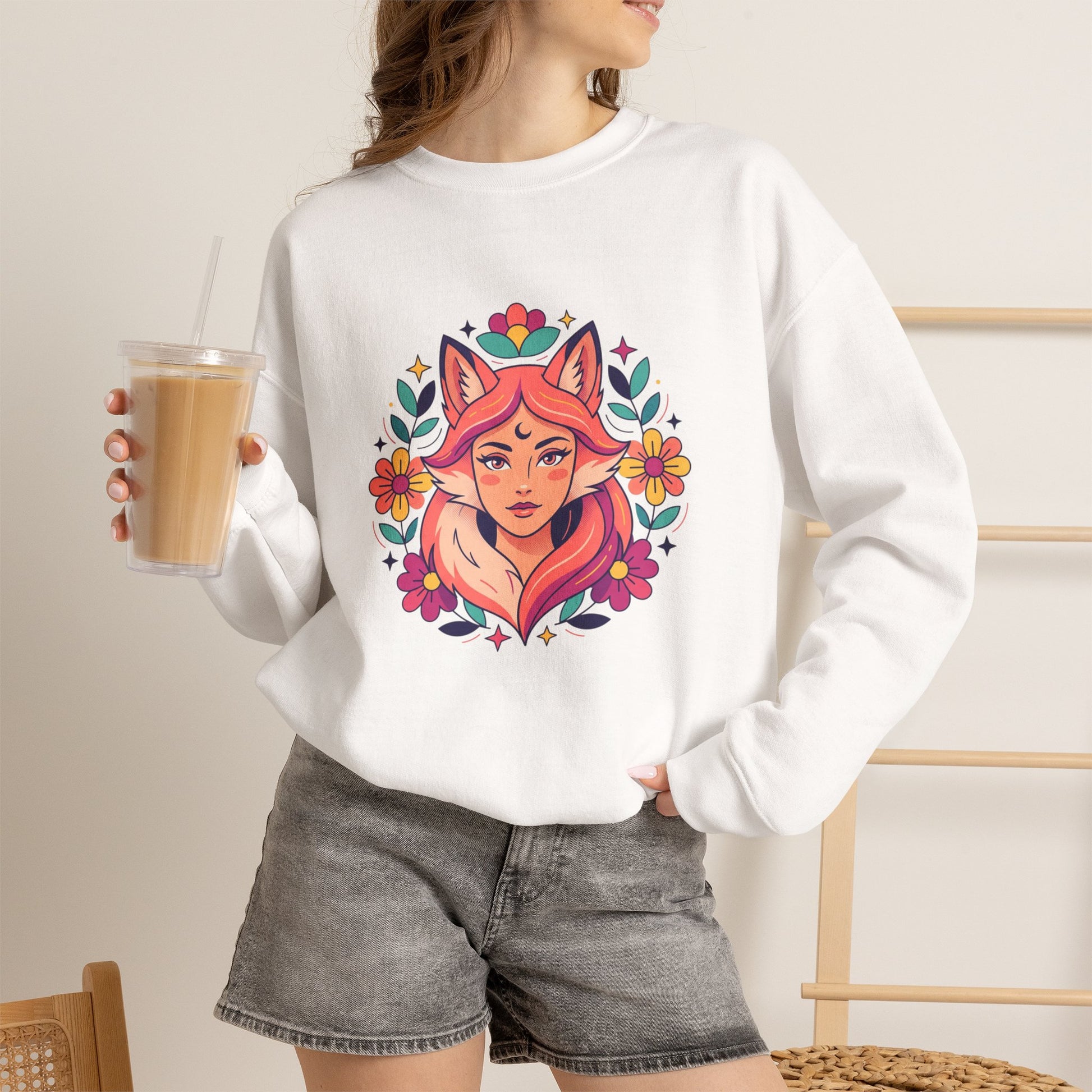 Fox Spirit Crewneck Sweatshirt — Floral Fox Woman Illustration