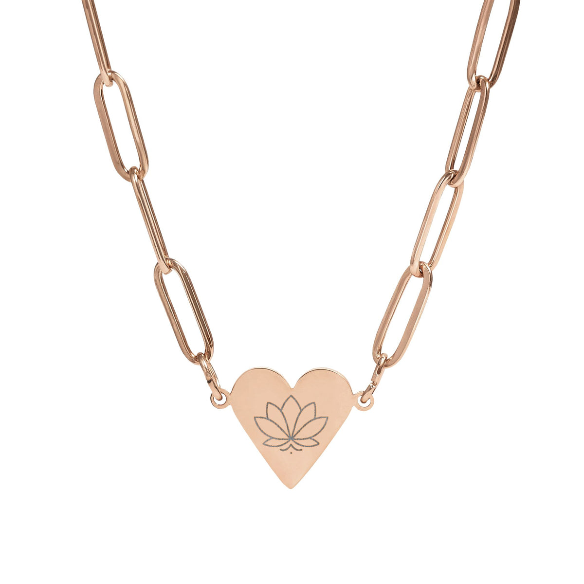 Paperclip Heart Necklace – Engraved Lotus Pendant | Minimalist Gold, Silver, Rose Gold Jewelry
