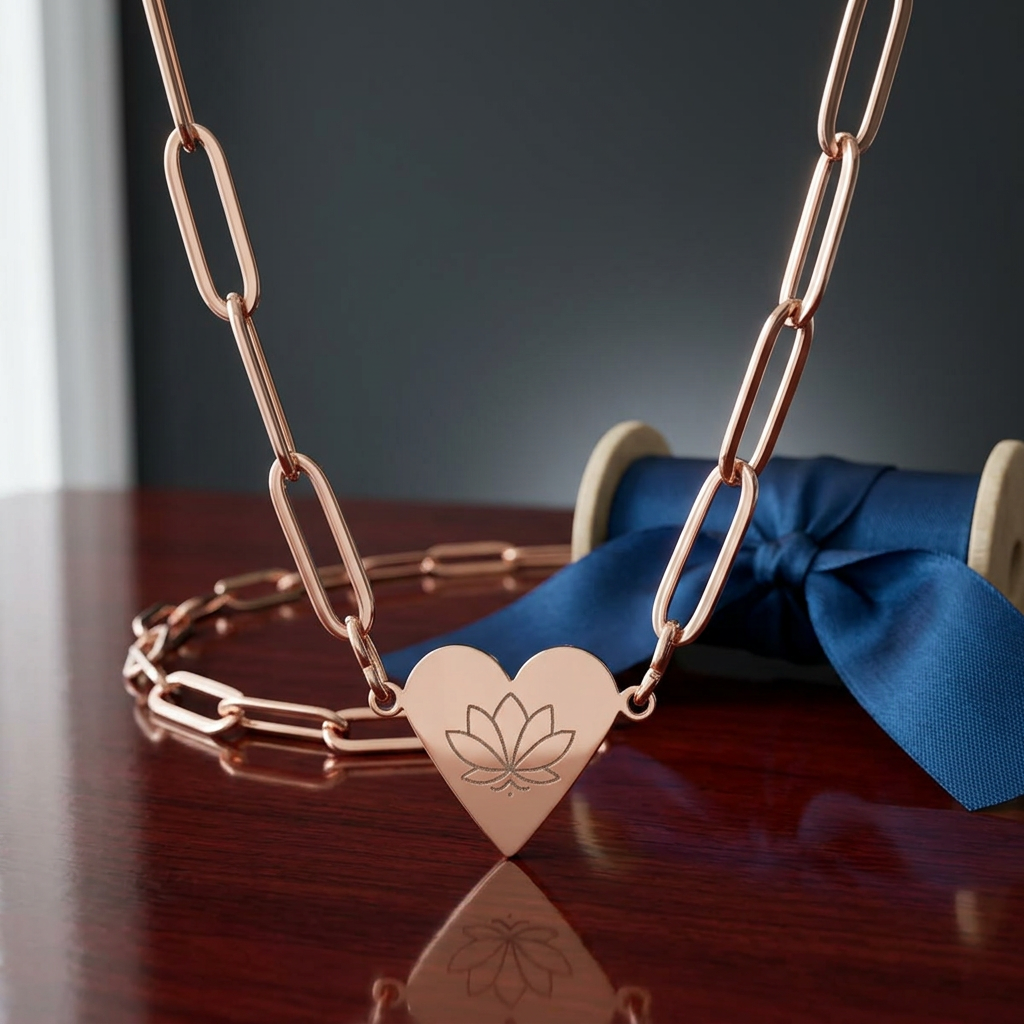 Paperclip Heart Necklace – Engraved Lotus Pendant | Minimalist Gold, Silver, Rose Gold Jewelry