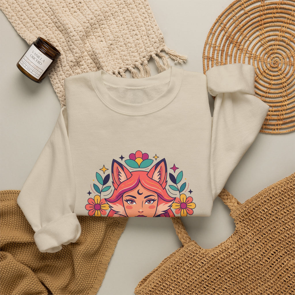 Fox Spirit Crewneck Sweatshirt — Floral Fox Woman Illustration