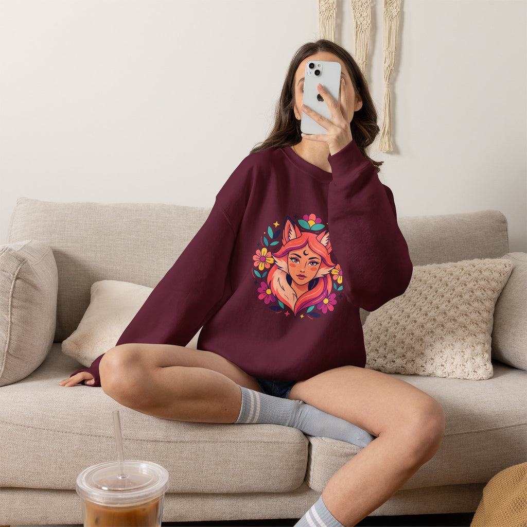 Fox Spirit Crewneck Sweatshirt — Floral Fox Woman Illustration