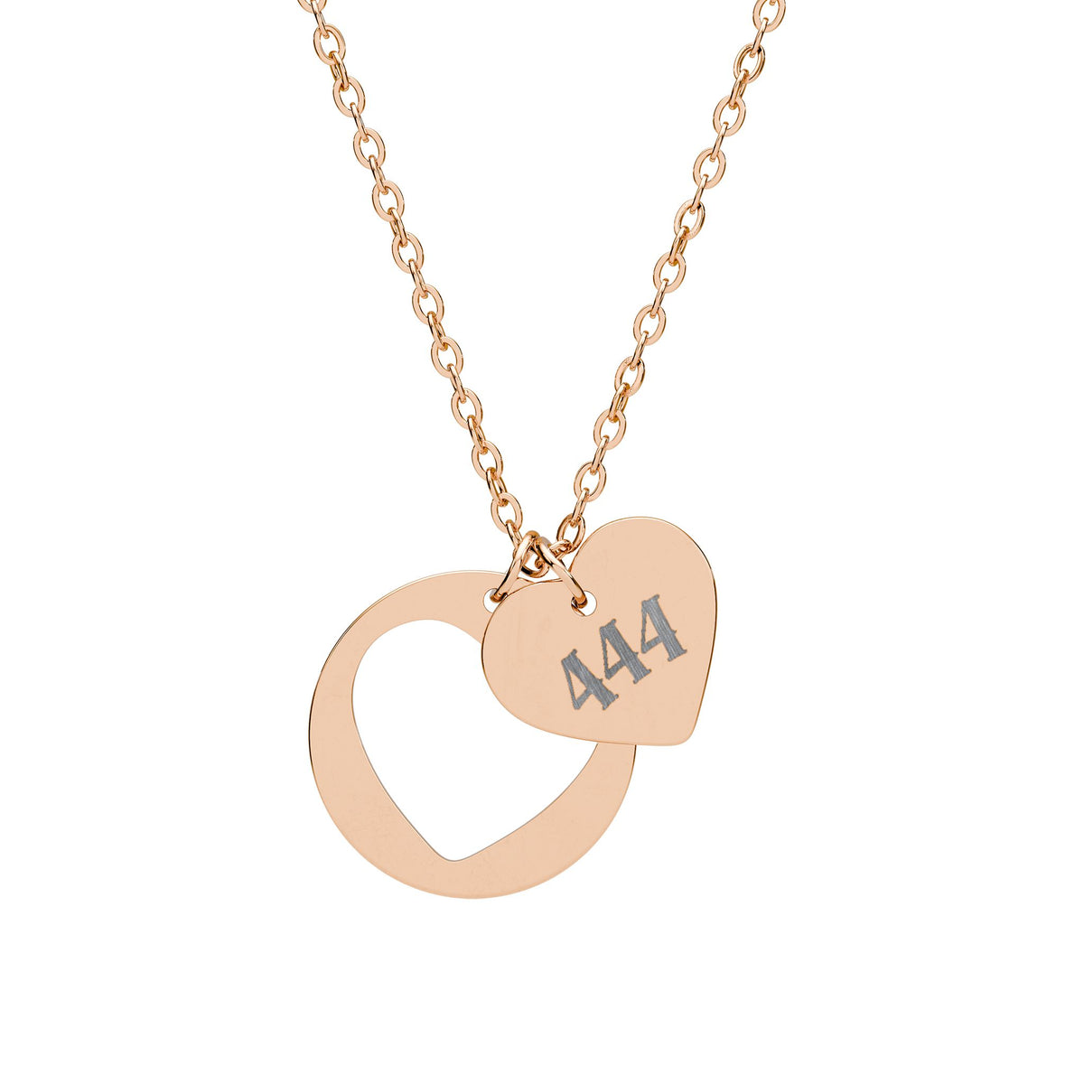 444 Angel Number Protection Necklace – Engraved Heart Cutout Pendant in Silver Stainless Steel, Rose Gold & Gold