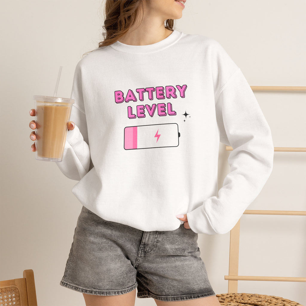 Battery Level Crewneck Sweatshirt — Cute Pink Low Battery Graphic