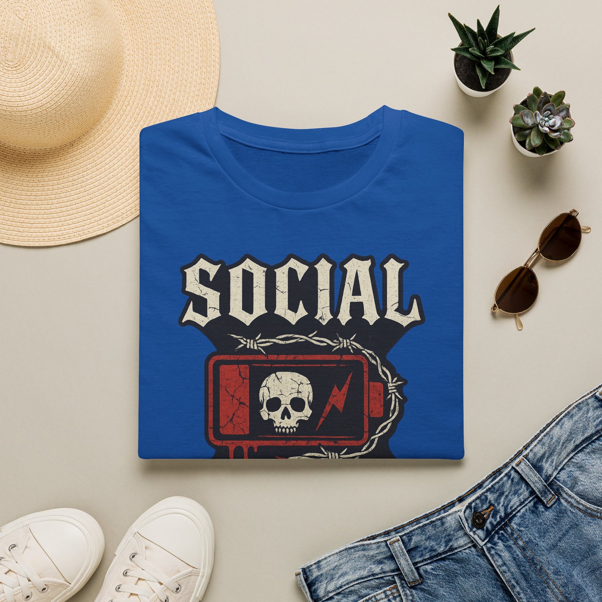 Social Battery Unisex T‑Shirt — Skull Low Battery Graphic Tee