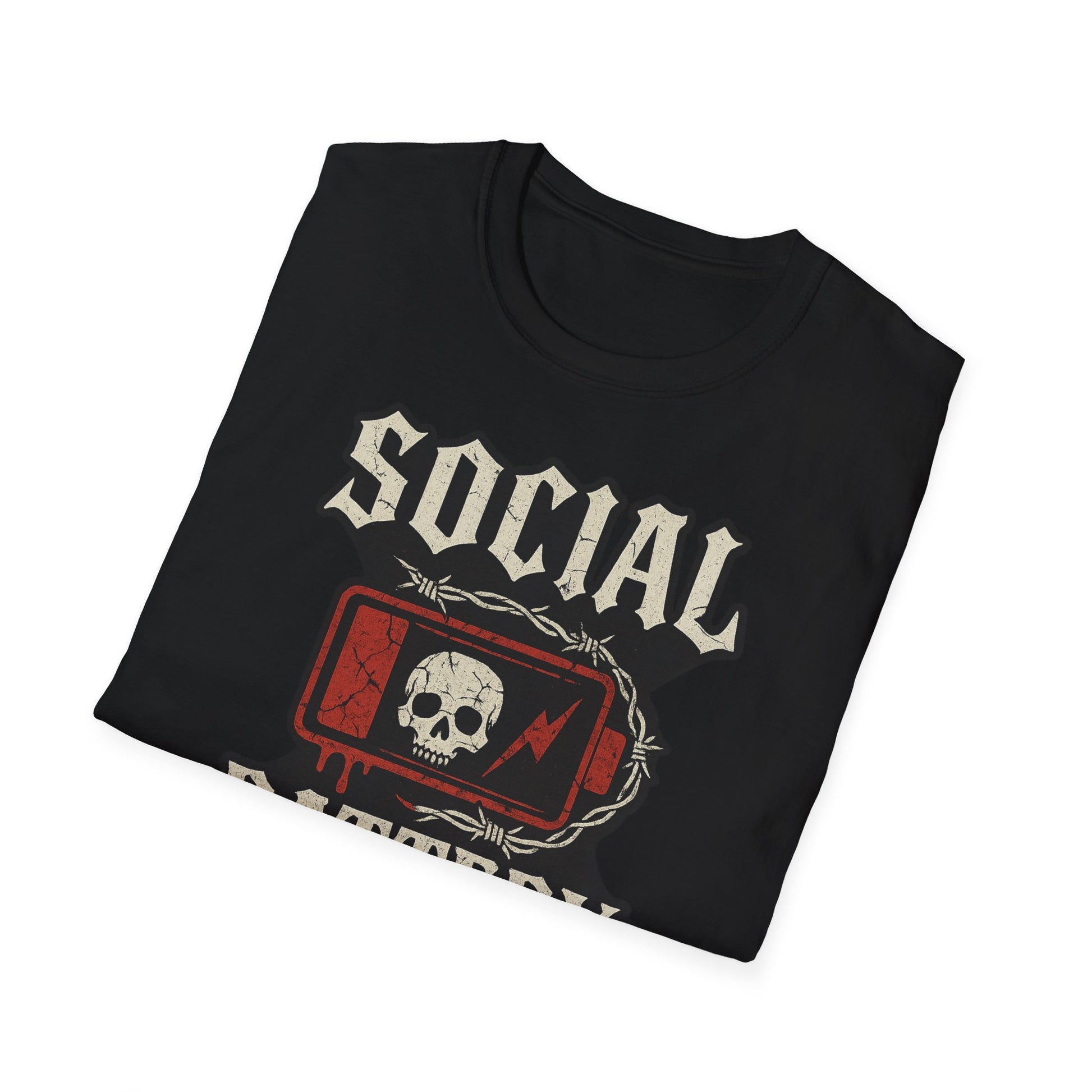 Social Battery Unisex T‑Shirt — Skull Low Battery Graphic Tee