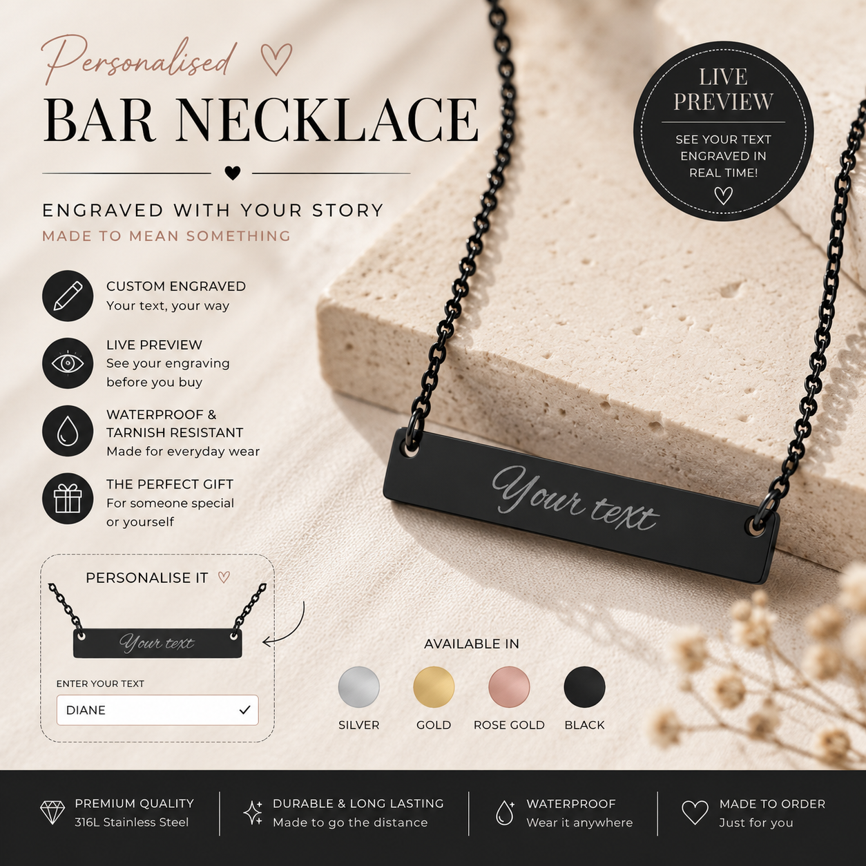 Personalised Horizontal Bar Necklace – Live Preview Custom Name Necklace | Engraved Nameplate Gift in Gold, Silver, Rose Gold & Black