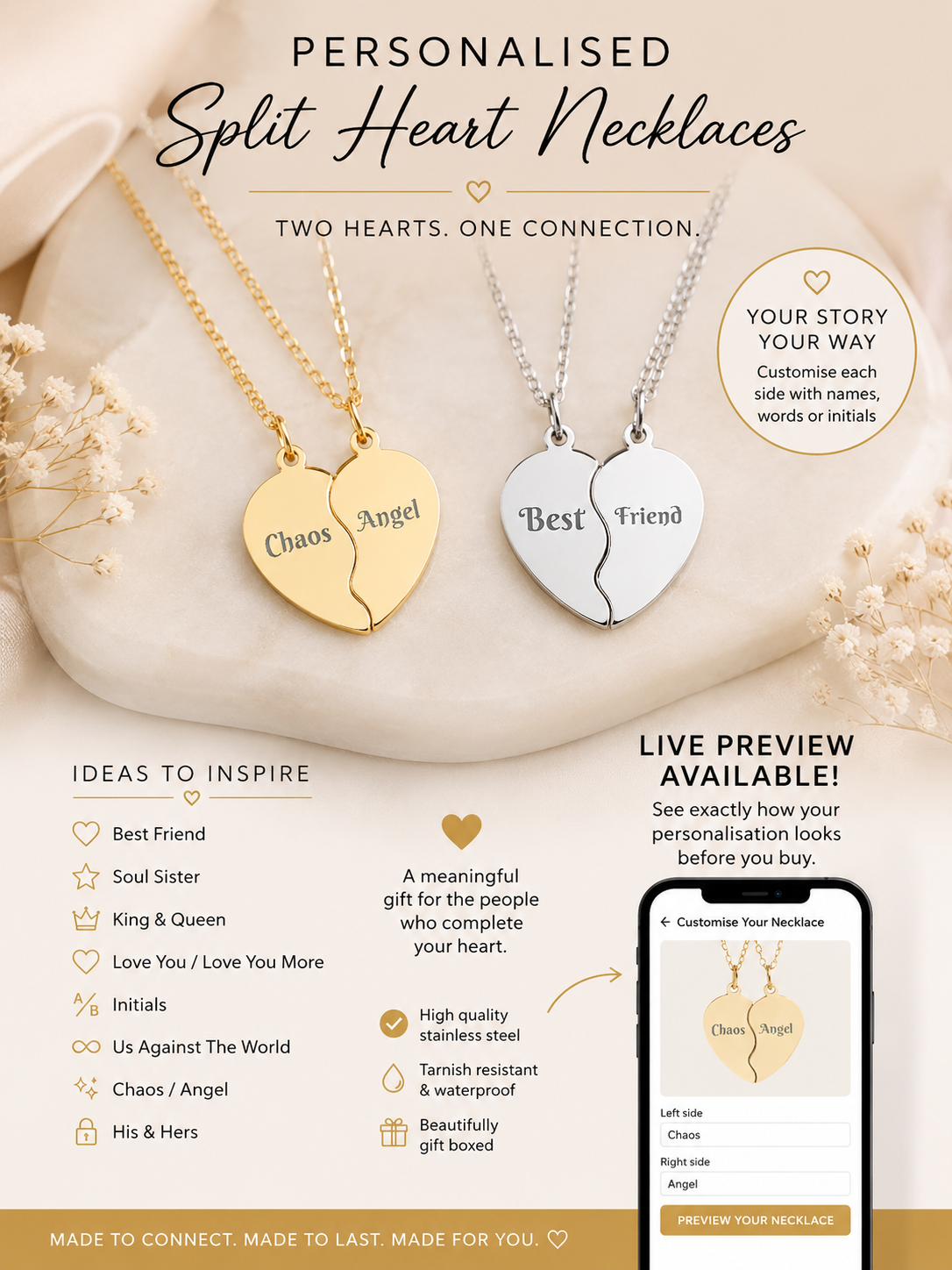 Personalised Break Apart Heart Necklace Set – Custom Best Friend, BFF, Couple, Mother Daughter, Soul Sister Matching Necklaces, Engraved Stainless Steel Gift