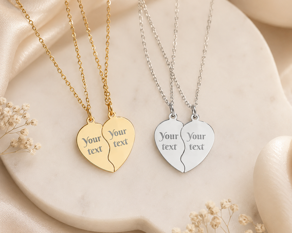 Personalised Break Apart Heart Necklace Set – Custom Best Friend, BFF, Couple, Mother Daughter, Soul Sister Matching Necklaces, Engraved Stainless Steel Gift