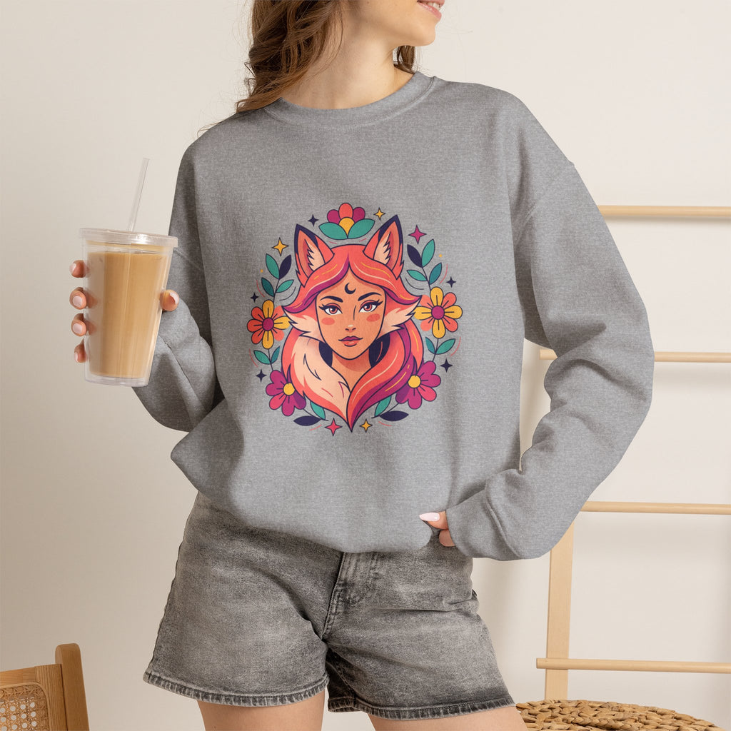 Fox Spirit Crewneck Sweatshirt — Floral Fox Woman Illustration