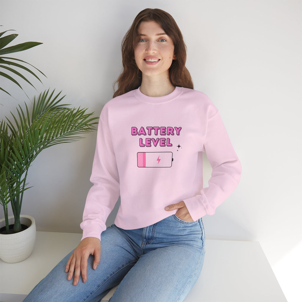 Battery Level Crewneck Sweatshirt — Cute Pink Low Battery Graphic