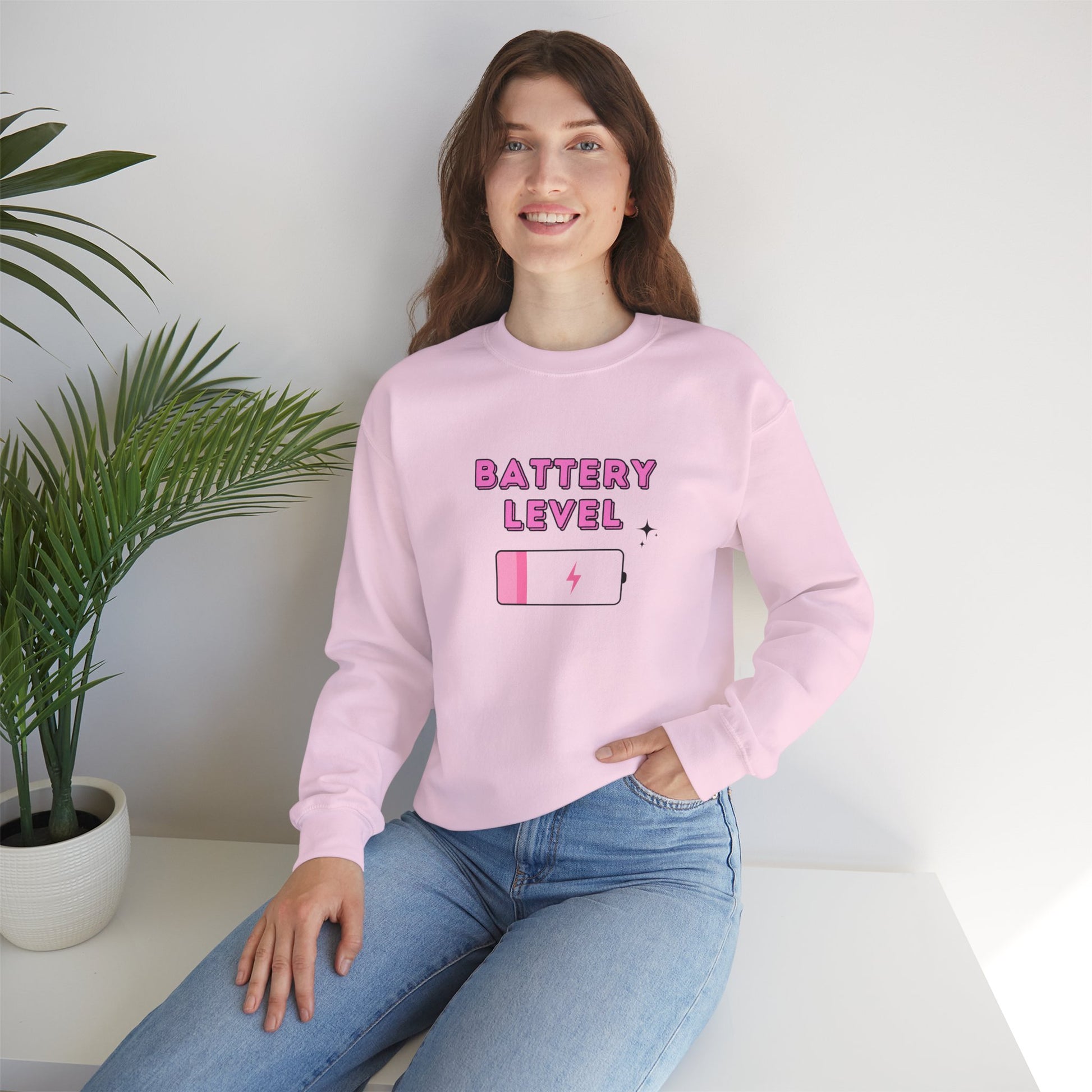 Battery Level Crewneck Sweatshirt — Cute Pink Low Battery Graphic