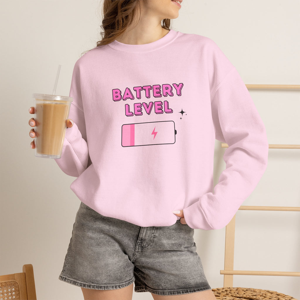 Battery Level Crewneck Sweatshirt — Cute Pink Low Battery Graphic