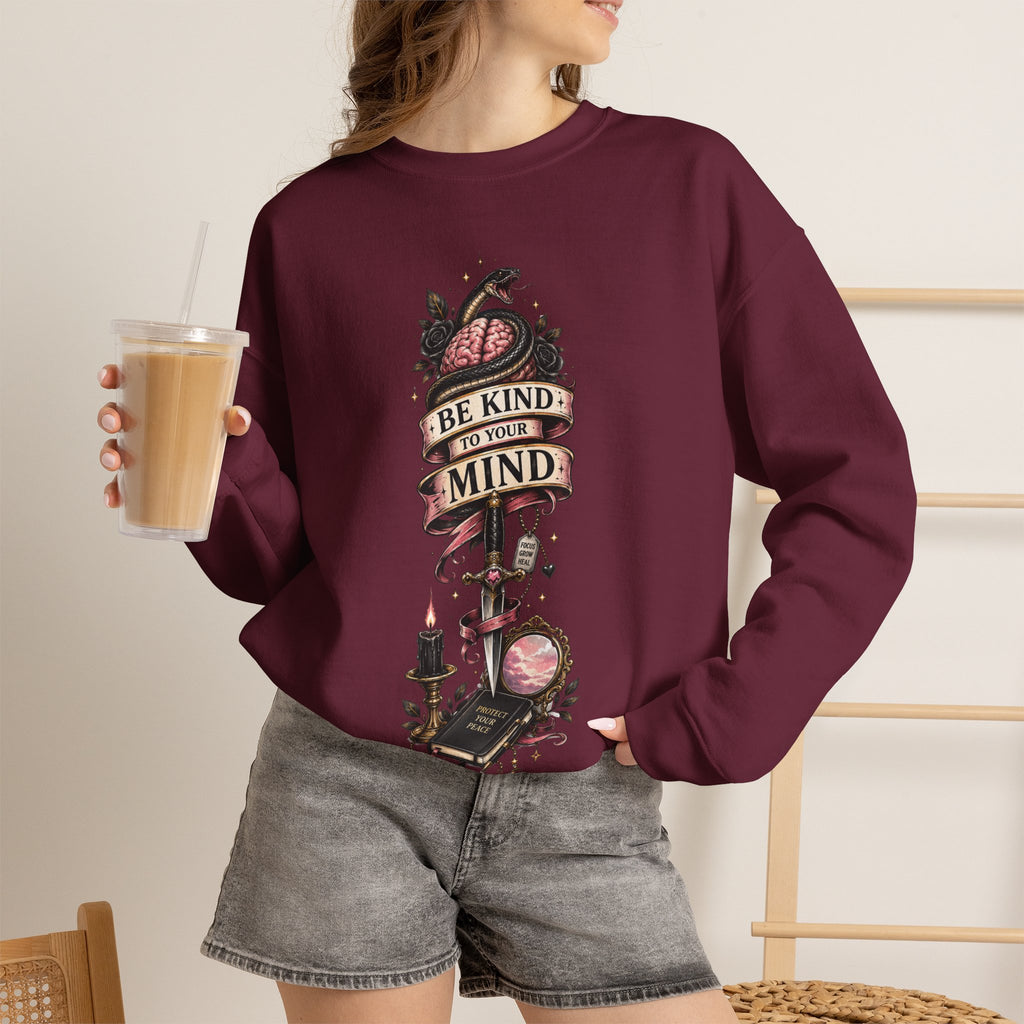 "Be Kind to Your Mind" Floral Tattoo Mental Health Design Crewneck Sweatshirt
