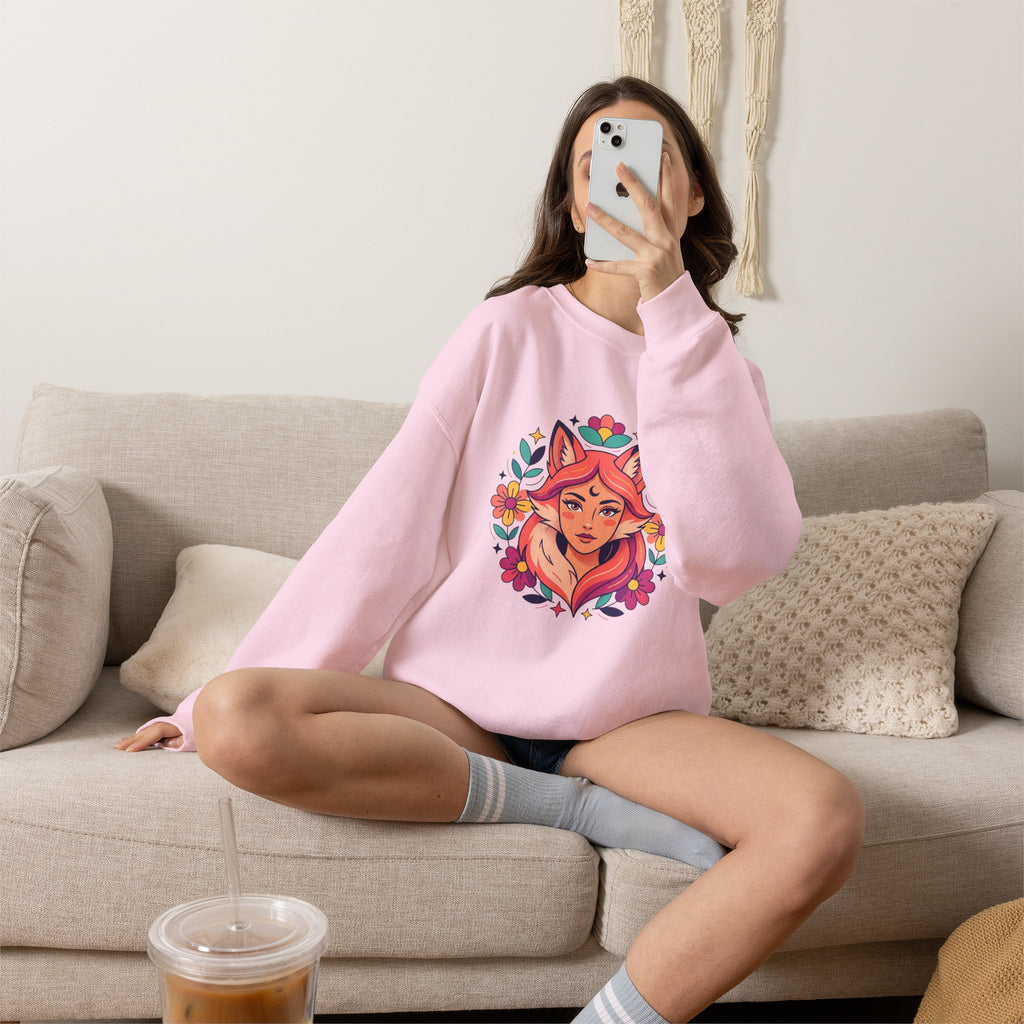 Fox Spirit Crewneck Sweatshirt — Floral Fox Woman Illustration