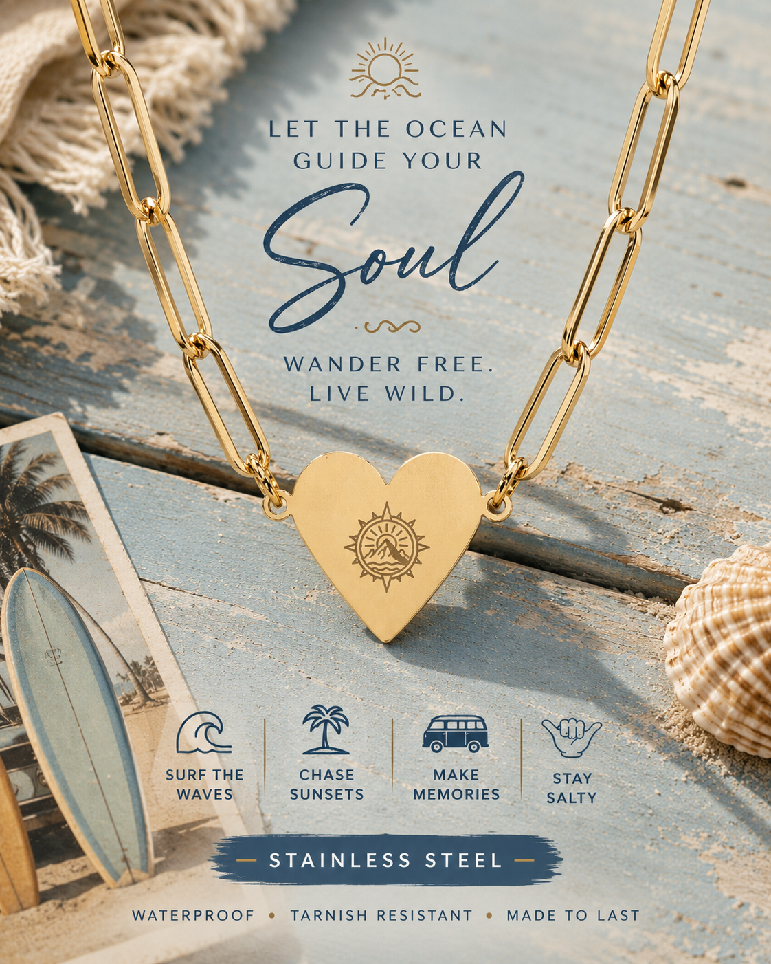 Wander Without Fear Paperclip Heart Necklace – Wanderlust Gift, Travel Lover Necklace, Ocean Inspired Jewellery, Adventure Heart Pendant, Gold, Rose Gold & Silver