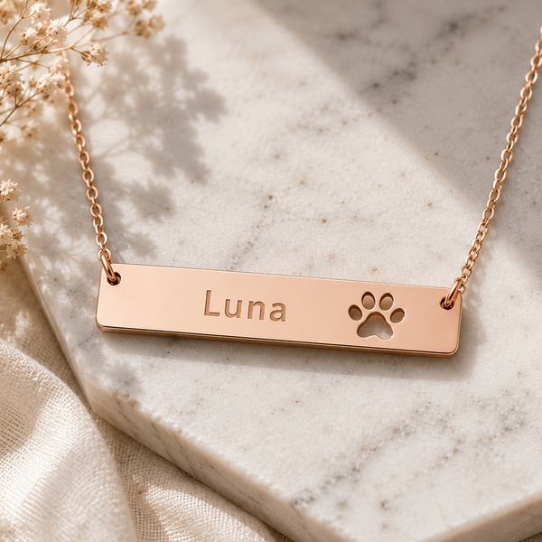Personalised Pet Name Bar Necklace – Custom Dog & Cat Memorial Necklace, Paw Print Engraved Nameplate, Rose Gold Pet Lover Gift