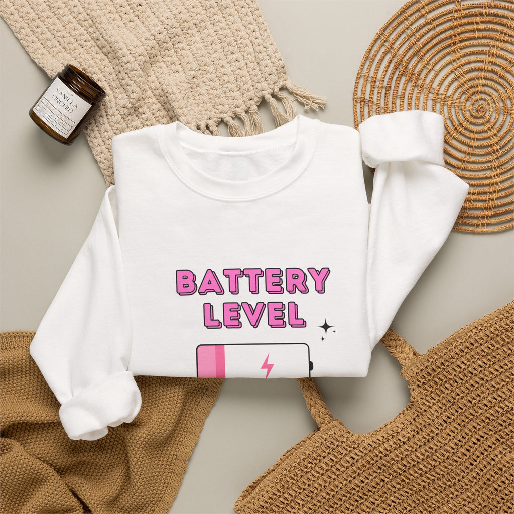 Battery Level Crewneck Sweatshirt — Cute Pink Low Battery Graphic