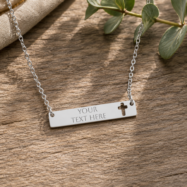 Personalised Cross Bar Necklace – Custom Christian Name, Bible Verse or Faith Message | Engraved Cross Necklace Gift