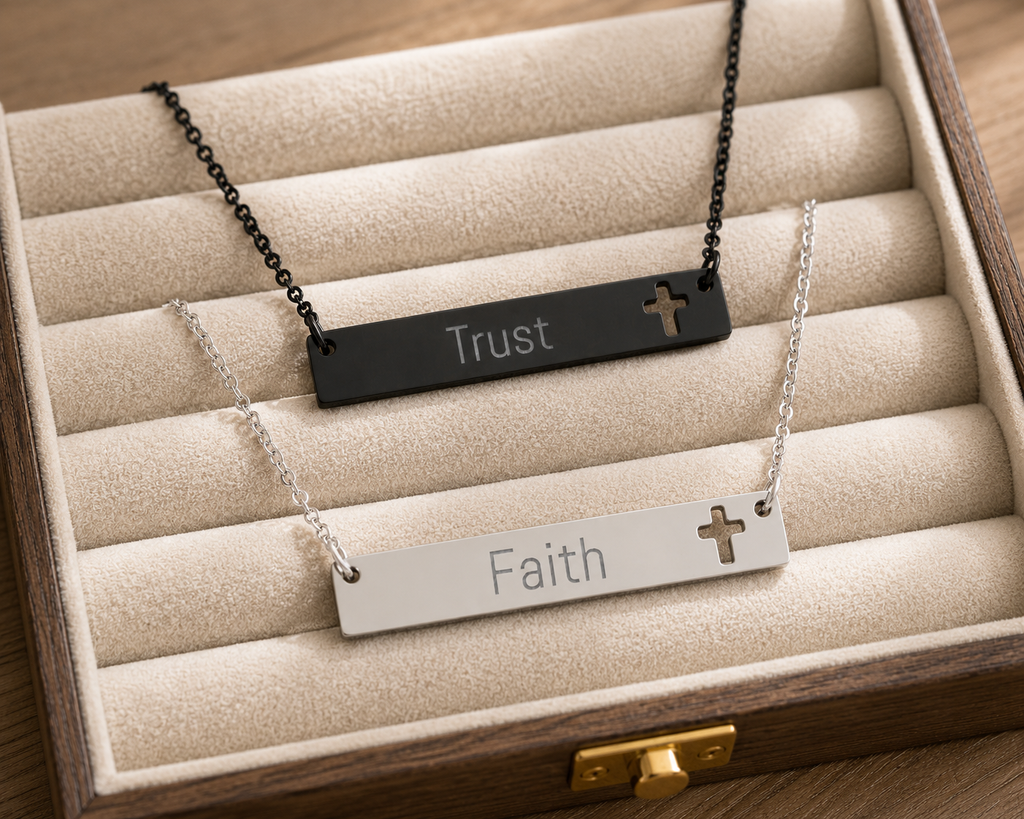 Personalised Cross Bar Necklace – Custom Christian Name, Bible Verse or Faith Message | Engraved Cross Necklace Gift
