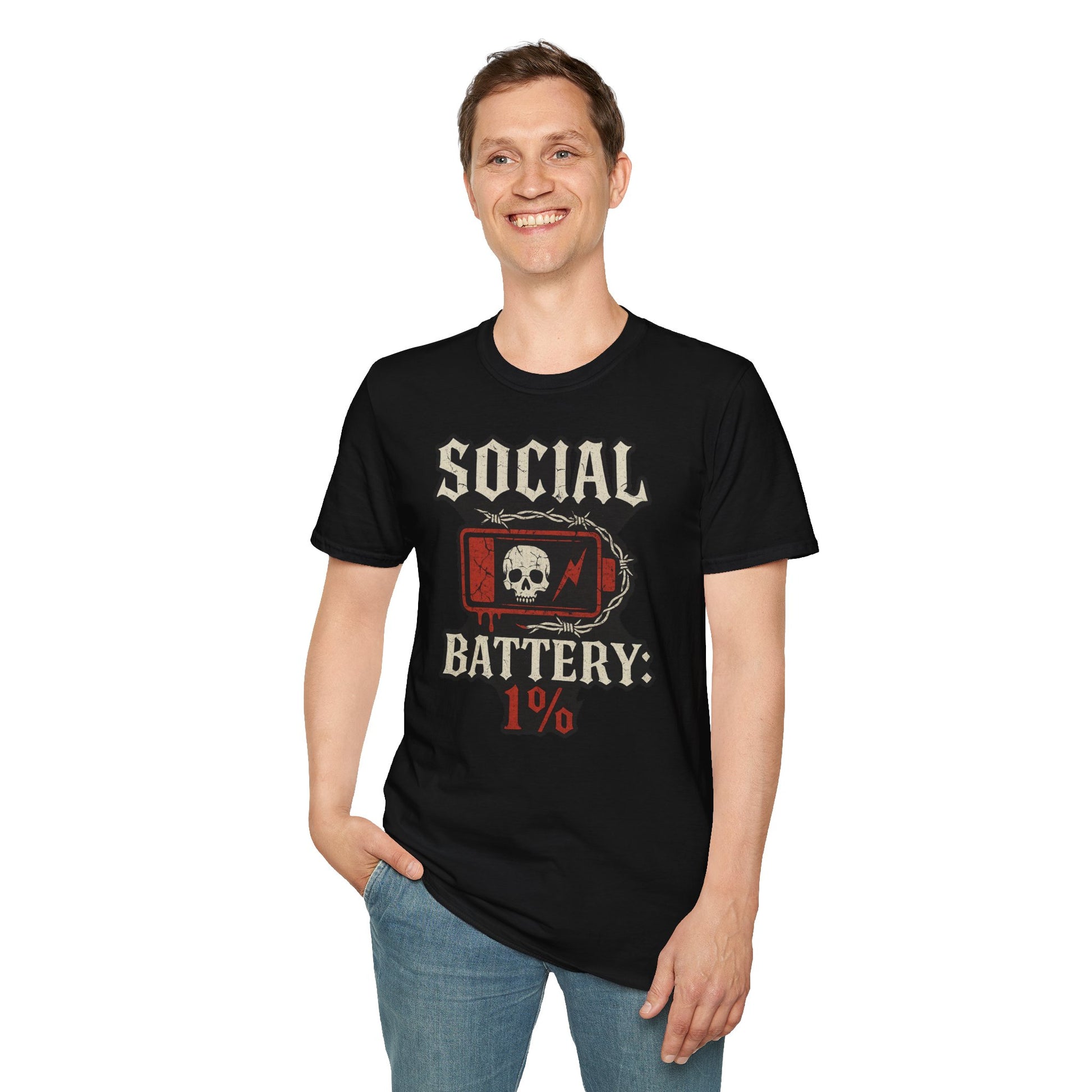 Social Battery Unisex T‑Shirt — Skull Low Battery Graphic Tee