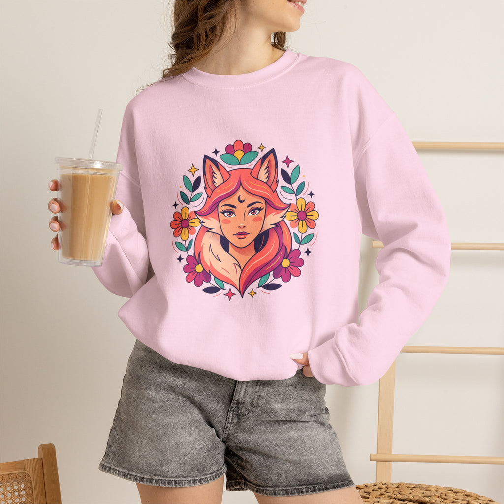 Fox Spirit Crewneck Sweatshirt — Floral Fox Woman Illustration
