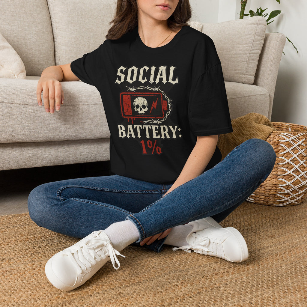 Social Battery Unisex T‑Shirt — Skull Low Battery Graphic Tee