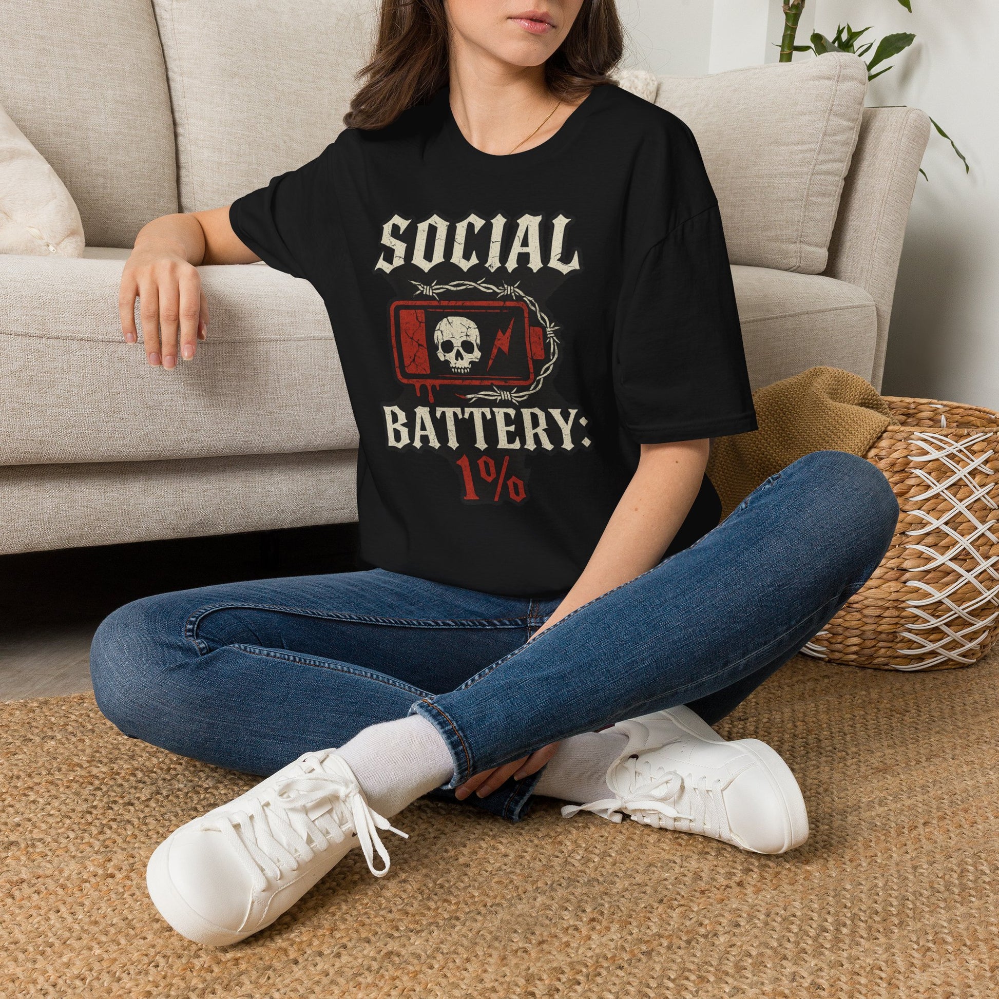 Social Battery Unisex T‑Shirt — Skull Low Battery Graphic Tee